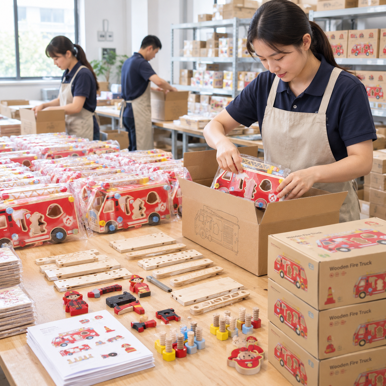 Freshly manufactured wooden toys packed in boxes in small workshop