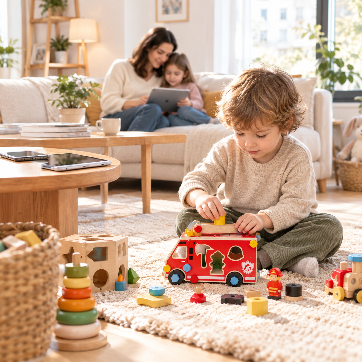 Child playing screen-free with wooden train set