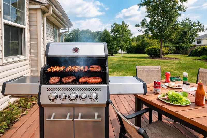 Outdoor BBQ grill in a sunny backyard