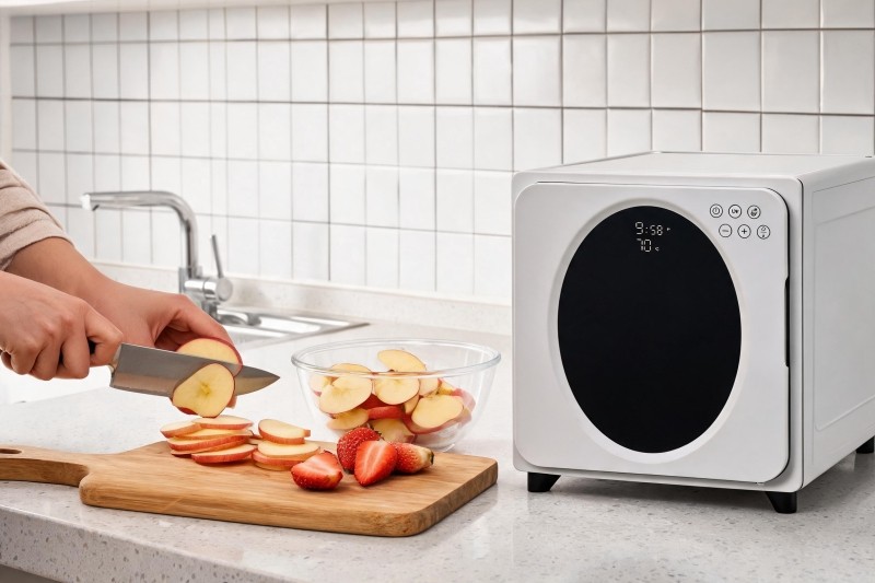Kangye KYS-218A/B 8-tray rear-heat food dehydrator showing horizontal airflow trays and rear fan position