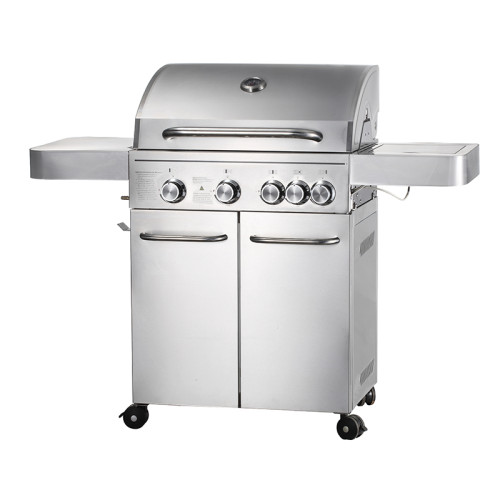 4-Burner Heavy Duty Gas BBQ Grill 13.65kW — Stainless Steel with Enamel Cooking Box & Side Burner | KYQ-FH41S-B