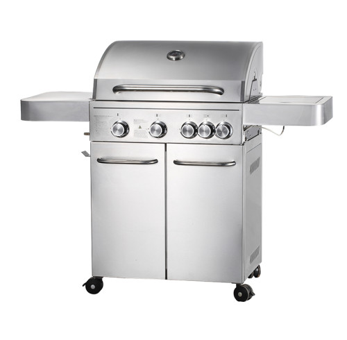 4-Burner Heavy Duty Gas BBQ Grill 13.65kW — Stainless Steel with Enamel Cooking Box & Side Burner | KYQ-FH41S-B