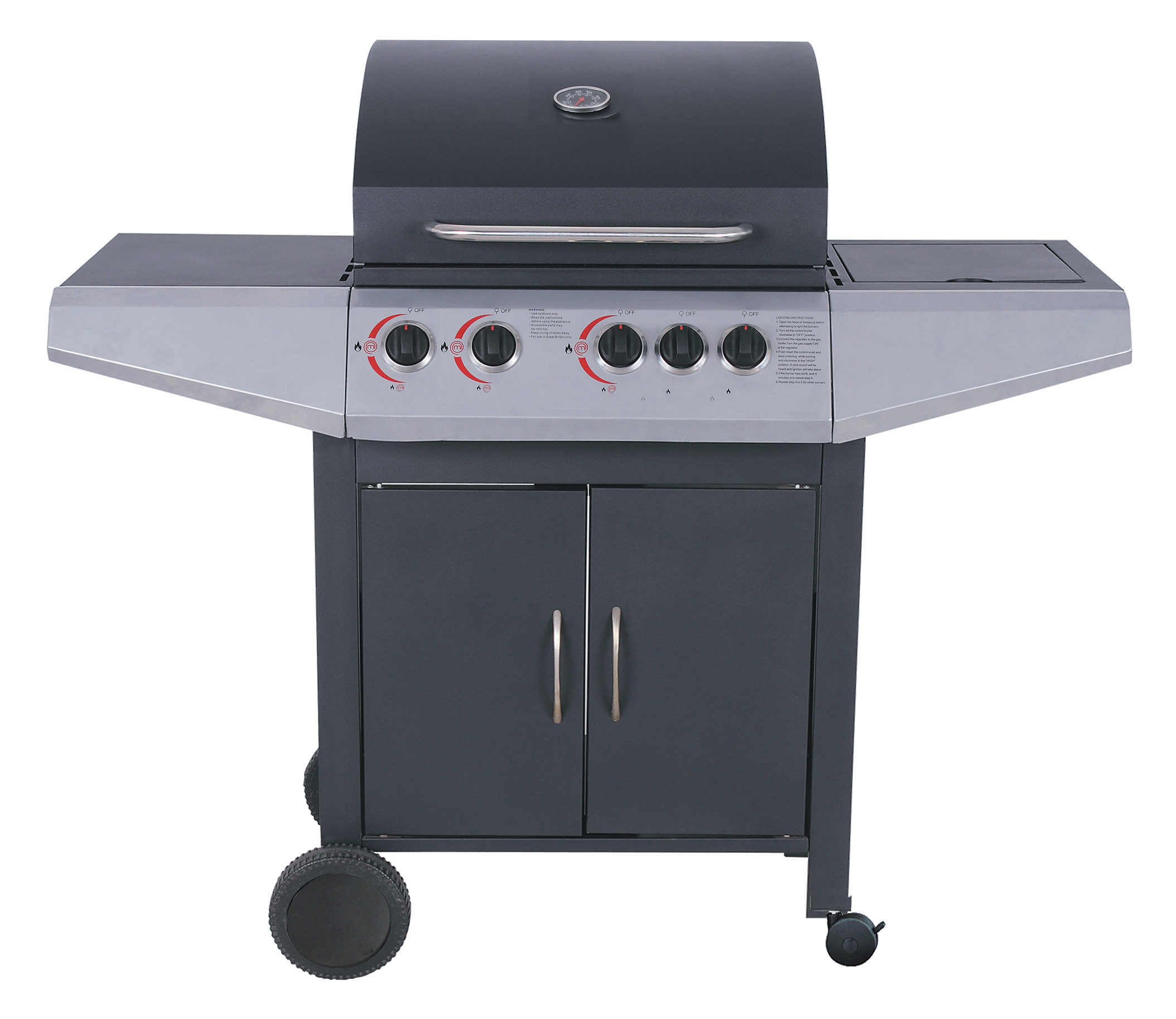 4-Burner Gas BBQ Grill 12.6kW — Outdoor Grilling with Side Burner & 4 Wheels