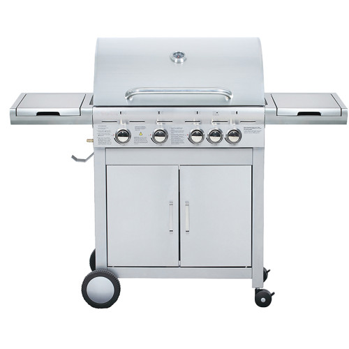 4-Burner Heavy Duty Gas BBQ Grill 17.15kW — Stainless Steel with Enamel Cooking Box & Side Burner | KYQ-41ST