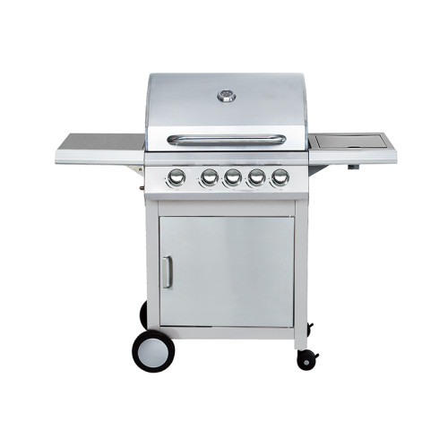 4-Burner Heavy Duty Gas BBQ Grill 15.75kW — Stainless Steel with Enamel Cooking Box & Side Burner | KYQ-U43S-B