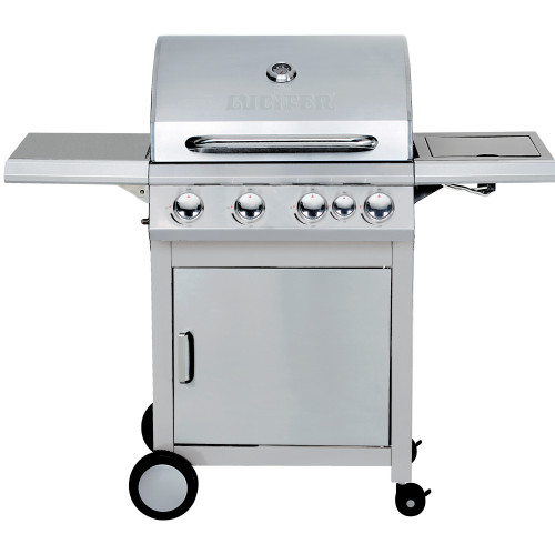 4-Burner Heavy Duty Gas BBQ Grill 17.15kW — Stainless Steel with Enamel Cooking Box & Side Burner | KYQ-U41S-B