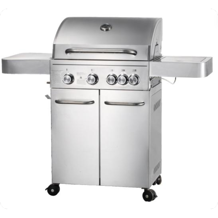 4-Burner Heavy Duty Gas BBQ Grill 15.75 kW — Stainless Steel with Enamel Cooking Box & Side Burner | KYQ-FH43S-B