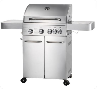 4-Burner Heavy Duty Gas BBQ Grill 15.75 kW — Stainless Steel with Enamel Cooking Box & Side Burner | KYQ-FH43S-B