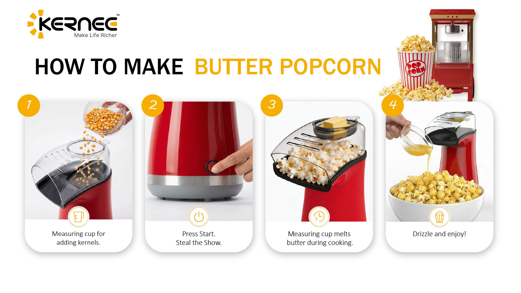 Kernee popcorn maker step-by-step guide: illustrating the four easy stages of adding kernels, pressing start, melting butter with the measuring cup, and drizzling for a final treat.