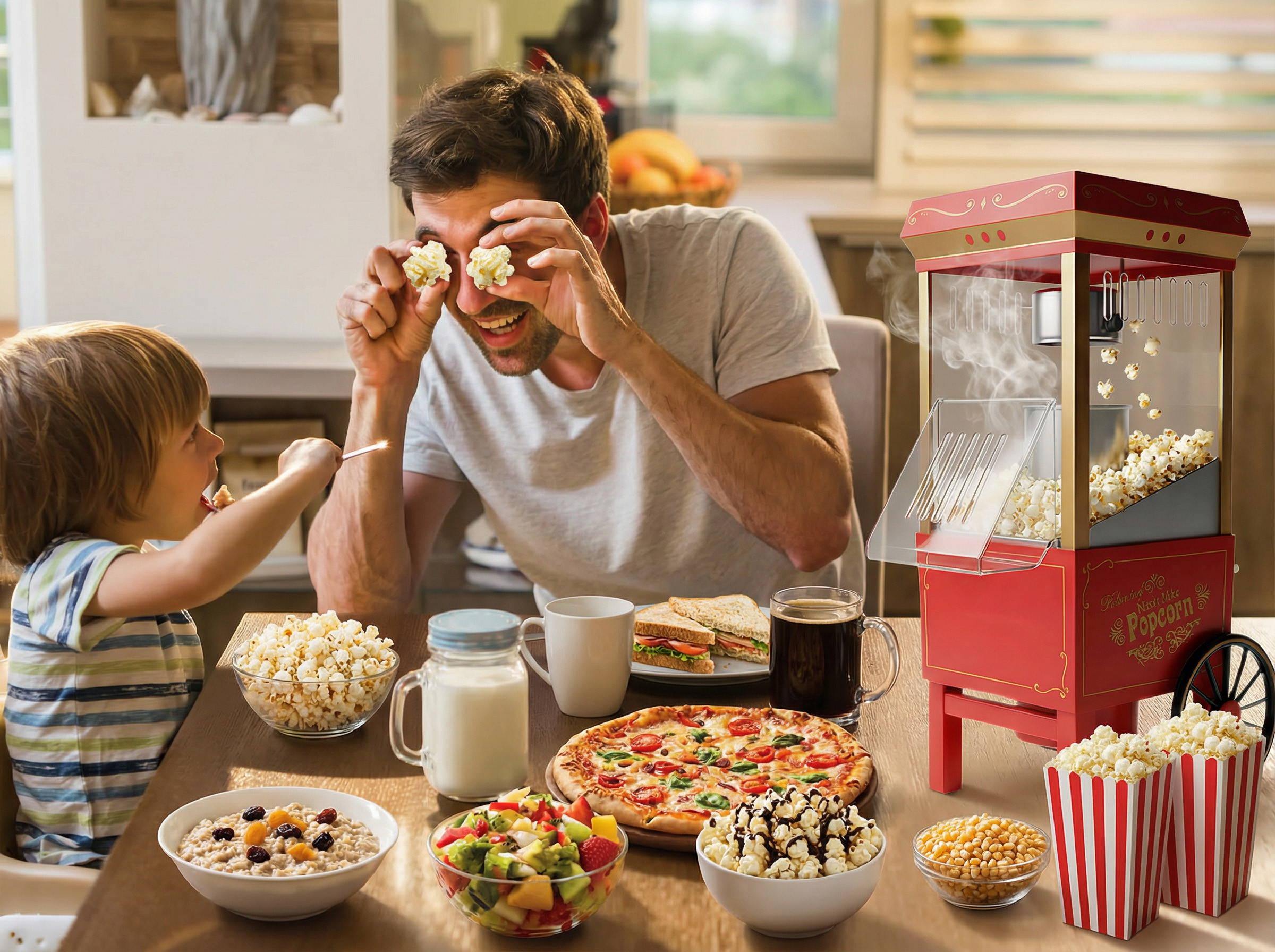 A warm family moment where a father playfully uses popcorn to amuse his son, featuring a Kernee popcorn maker on a table full of food.