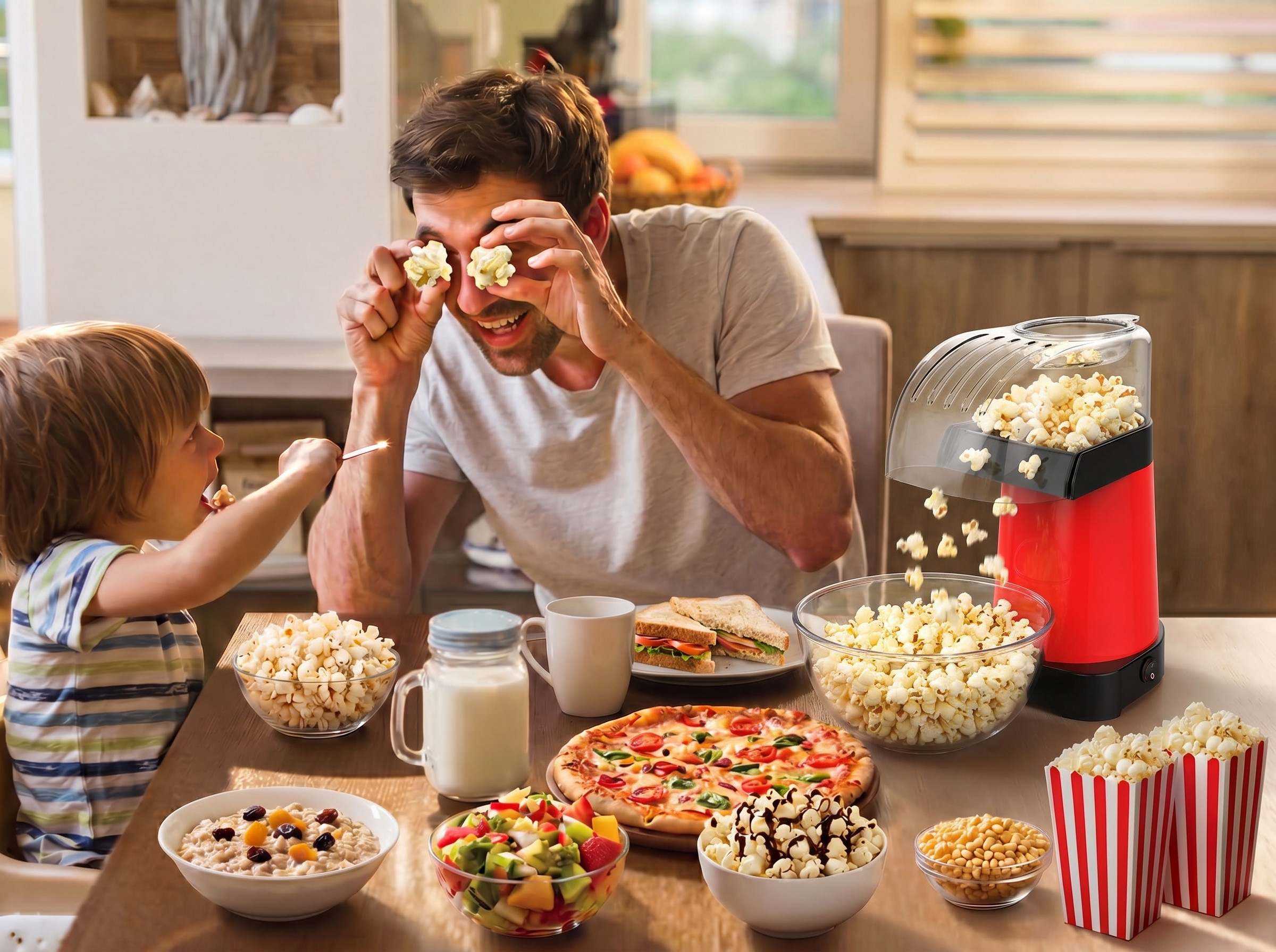 A warm family moment where a father playfully uses popcorn to amuse his son, featuring a Kernee popcorn maker on a table full of food.