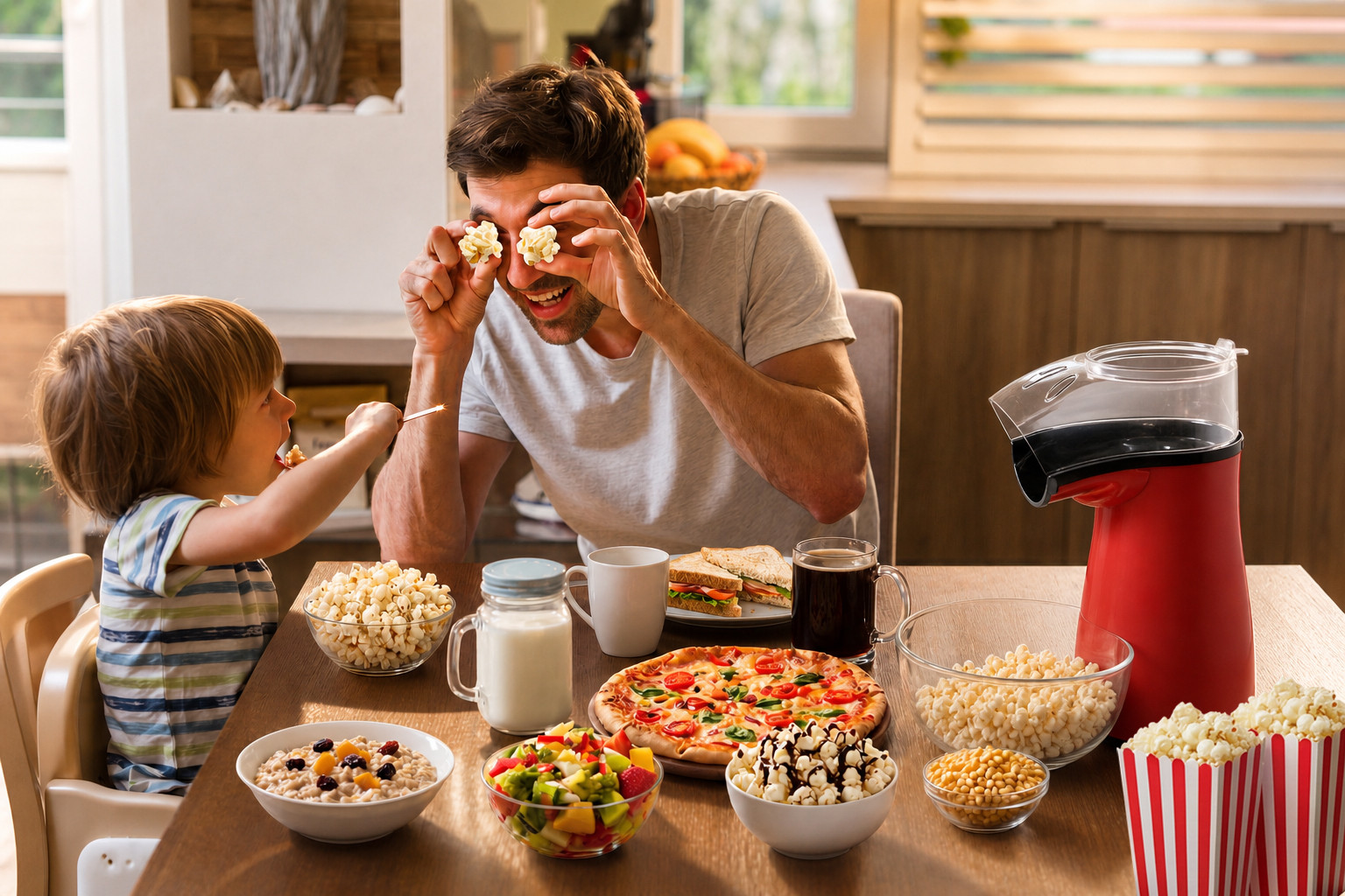 A warm family moment where a father playfully uses popcorn to amuse his son, featuring a Kernee popcorn maker on a table full of food.