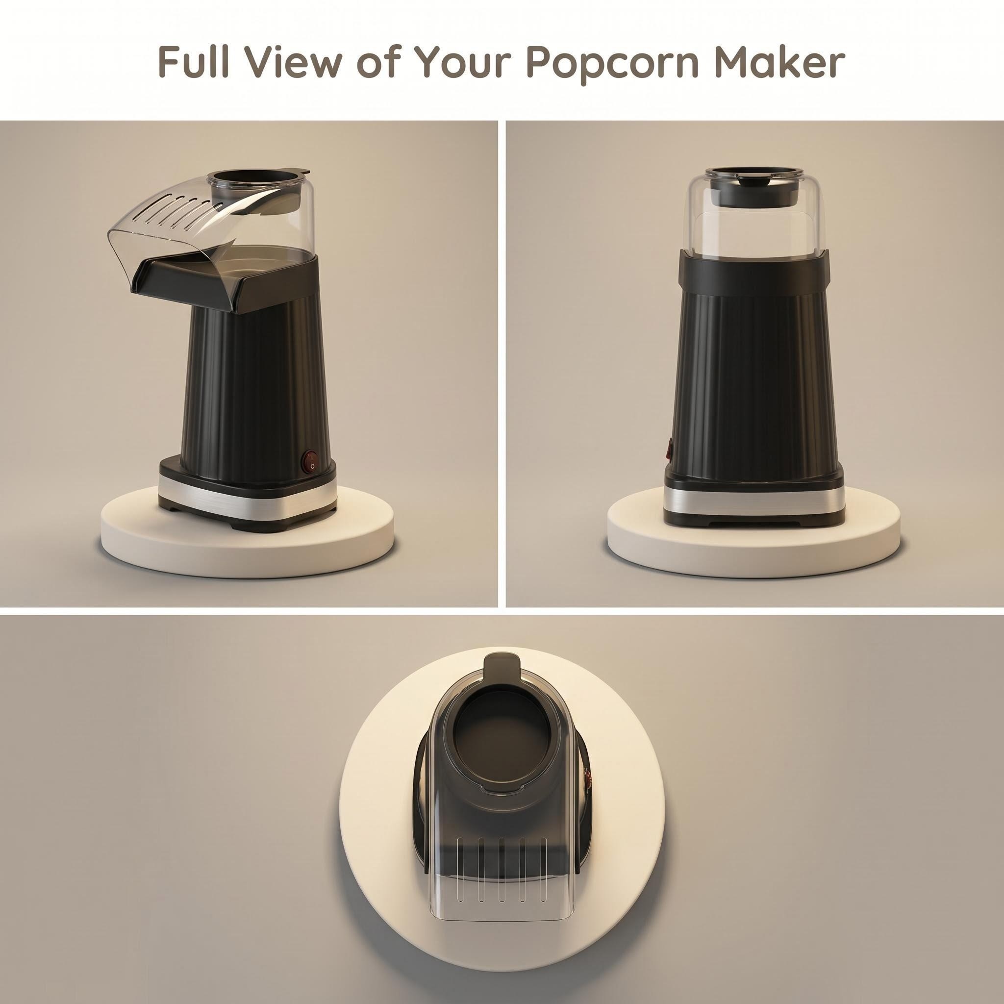 Multi-angle view of the Kernee orange mini popcorn maker: showcasing its exquisite all-round industrial design from front, side, perspective, and top-down views.