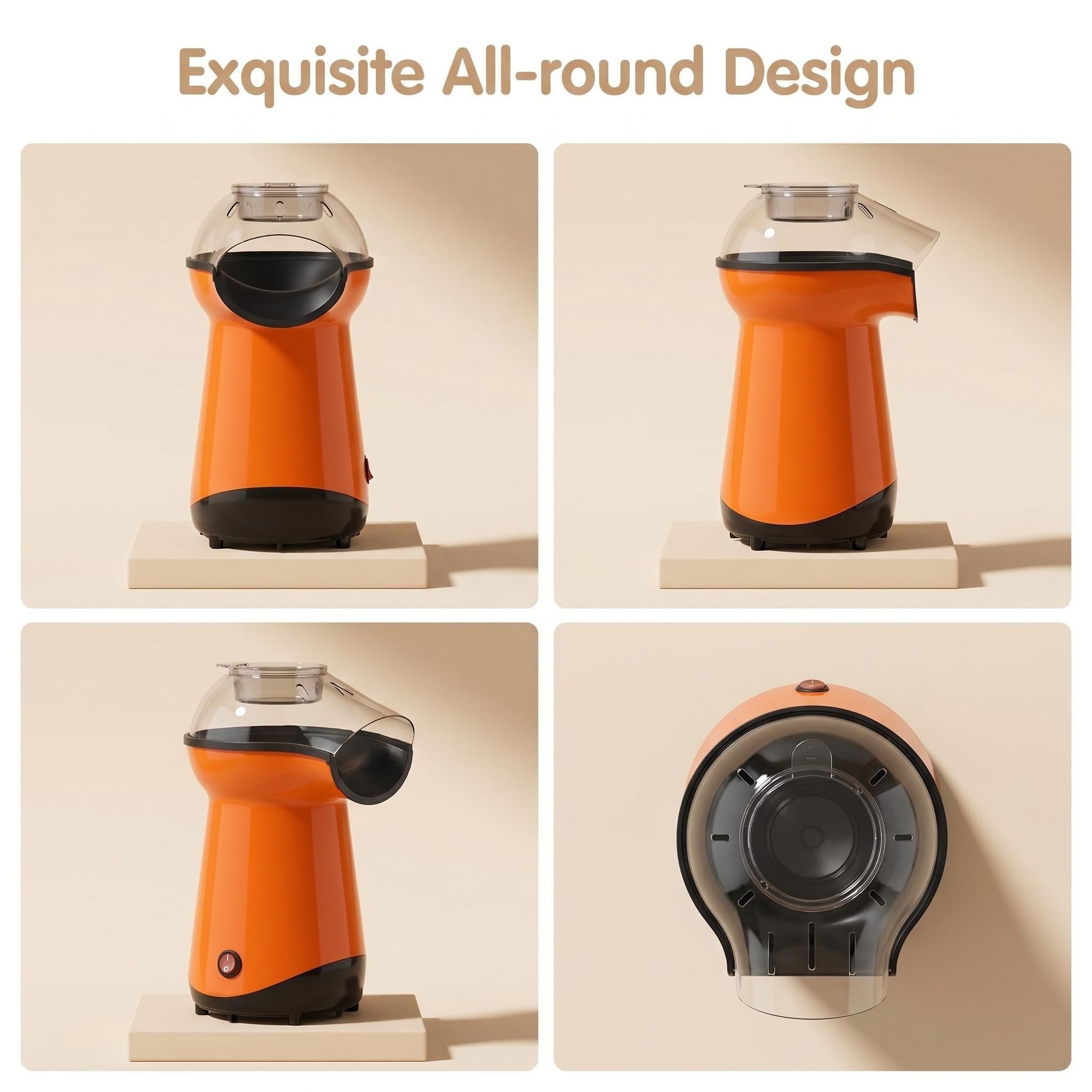 Multi-angle view of the Kernee orange mini popcorn maker: showcasing its exquisite all-round industrial design from front, side, perspective, and top-down views.