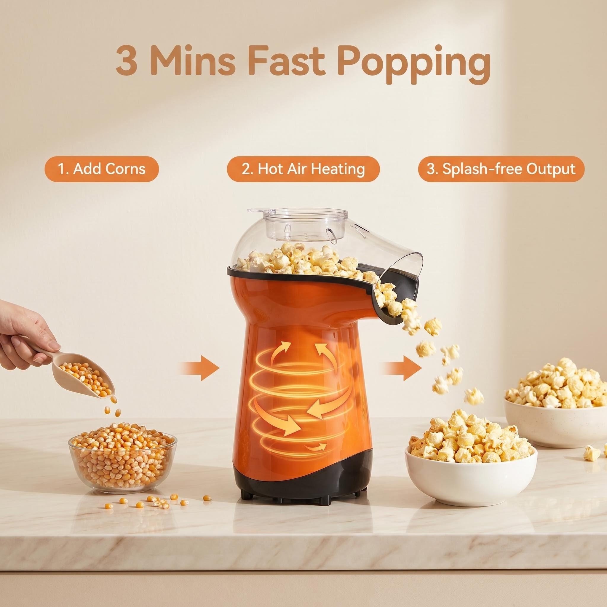 Kernee popcorn maker working principle infographic: illustrating the 3-step process of adding corns, hot air circulation heating, and splash-free output for fast 3-minute popping.