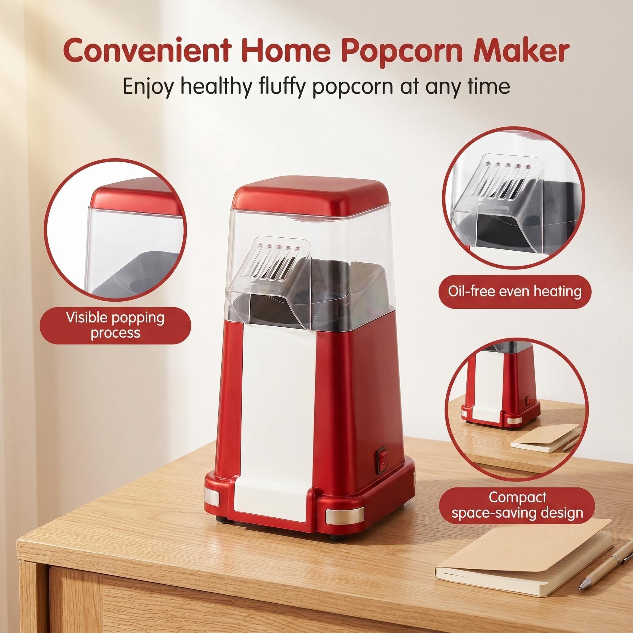 Detailed close-up of the popcorn maker's transparent top lid, retro-style power switch dial, and premium food-grade body materials.