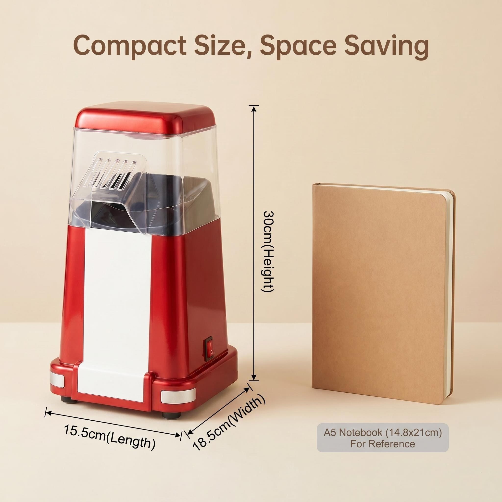 A size comparison image of the mint green popcorn maker next to an A4 paper, illustrating its compact 18x18x30cm footprint.