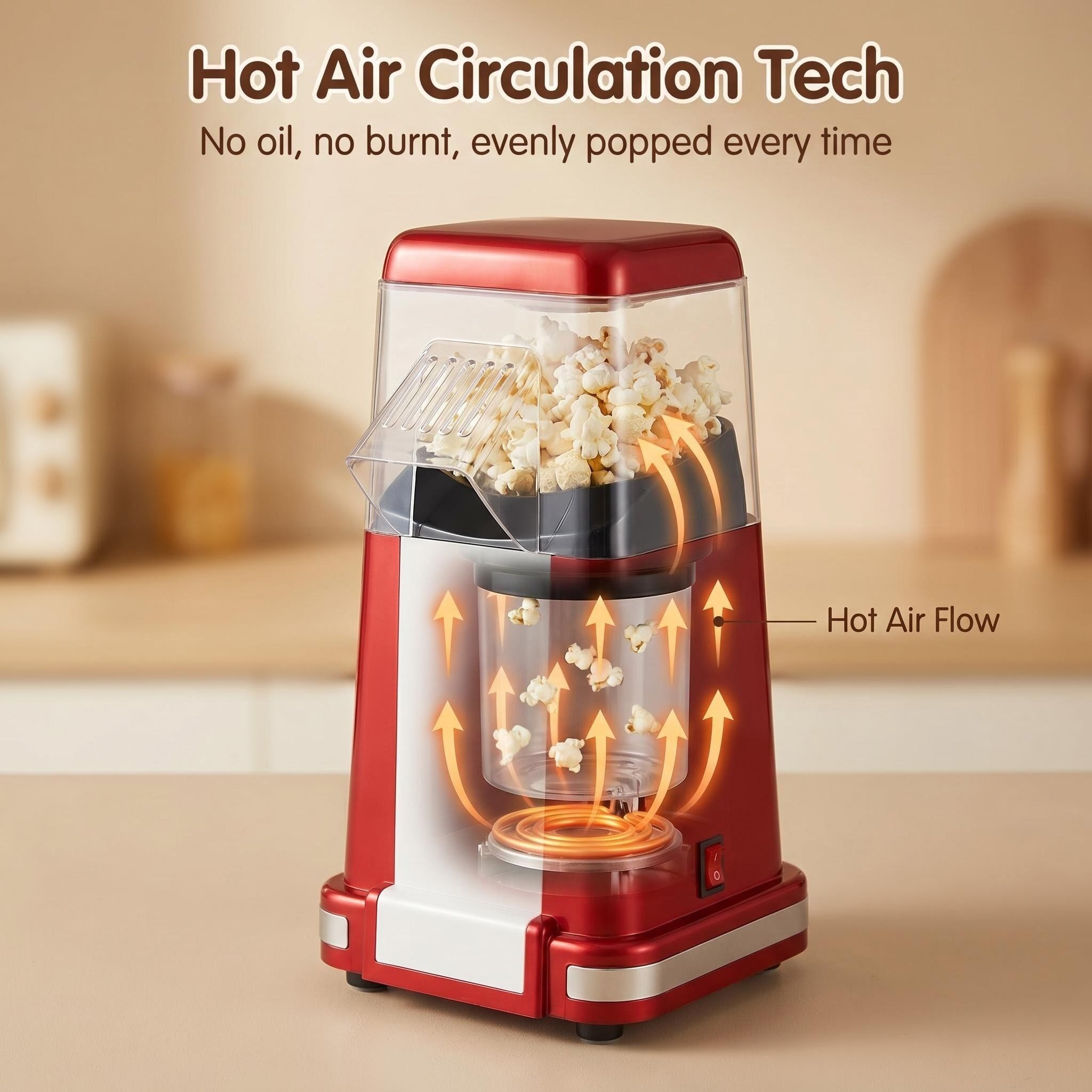 Diagram demonstrating the 360-degree hot air circulation and vortex heating principle of the popcorn maker for oil-free popping.