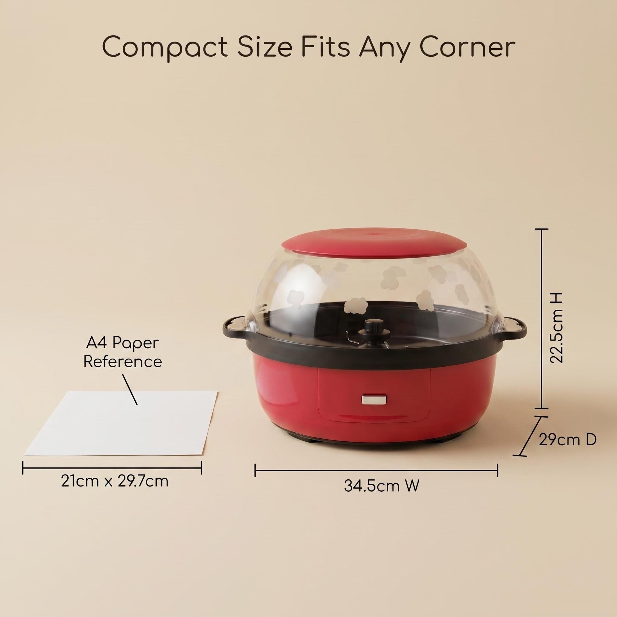 Infographic showing the compact dimensions of the red popcorn maker: 34.5cm width, 22.5cm height, and 29cm depth. An A4 paper reference (21cm x 29.7cm) is placed alongside to show its relative size. Text: 'Compact Size Fits Any Corner.