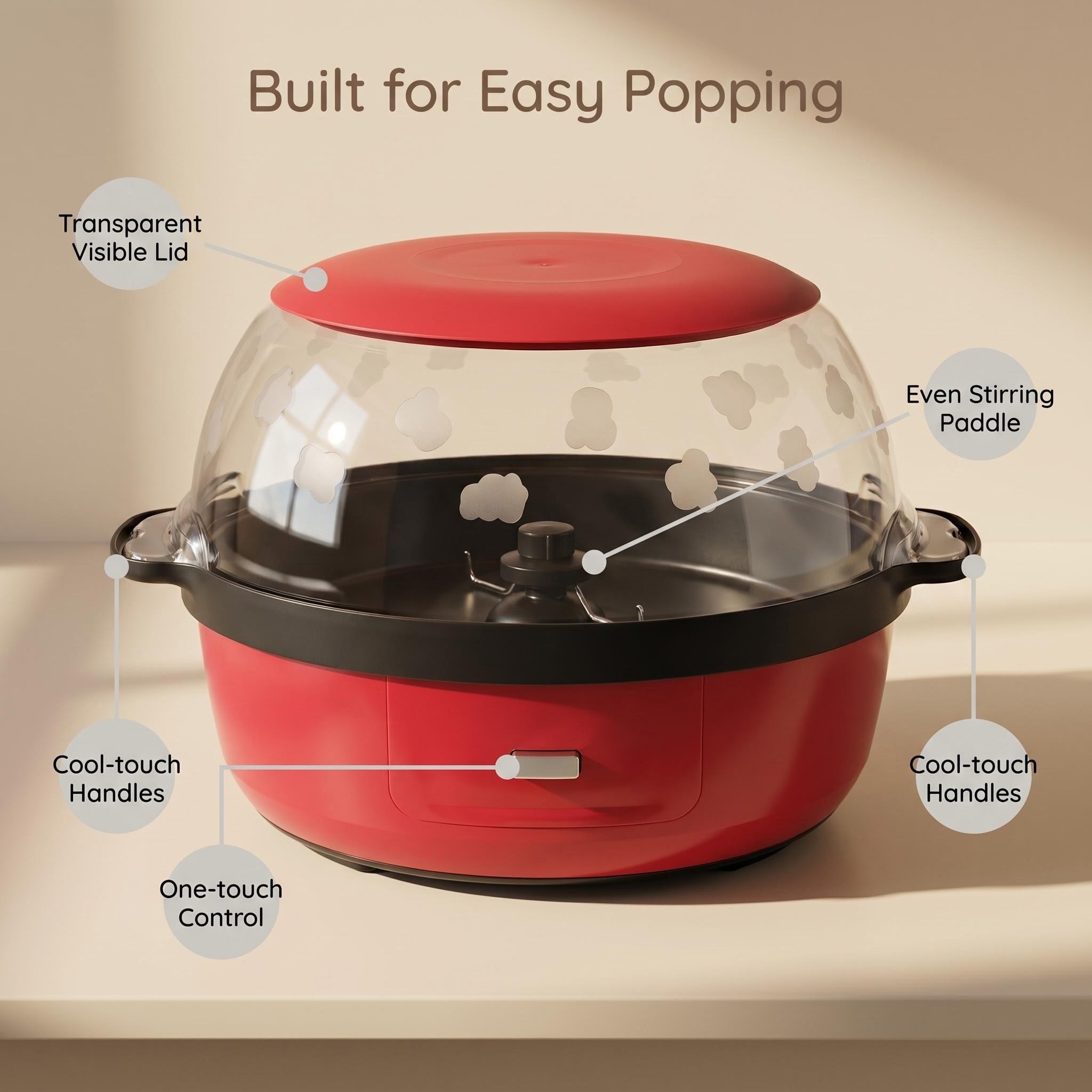 Kernee popcorn maker product infographic highlighting the transparent visible lid, even stirring paddle, cool-touch handles, and one-touch control.