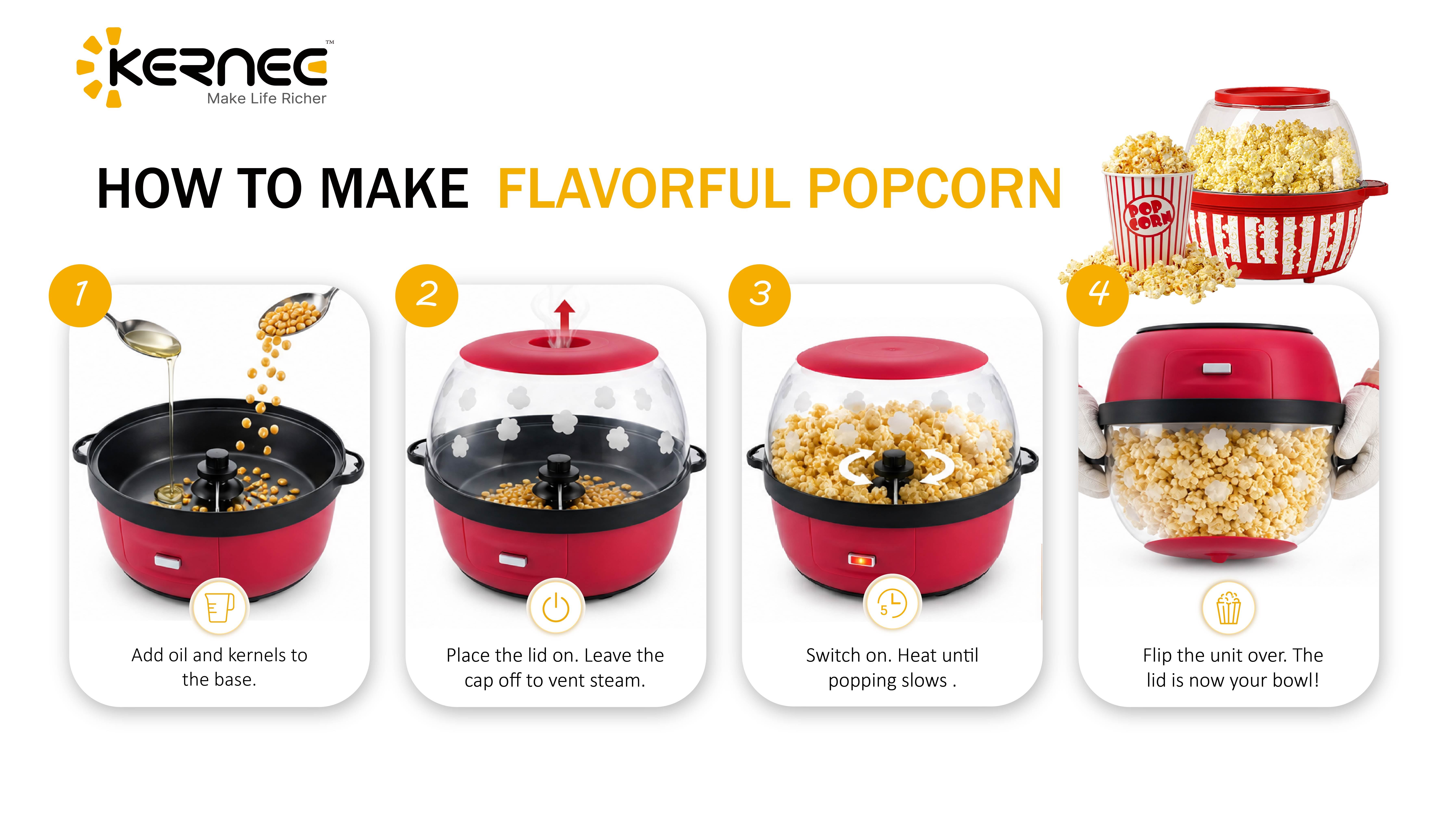 A four-step visual guide showing "How to Make Butter Popcorn" with a red maker: adding kernels, pressing the start button, melting butter in the lid cup during popping, and drizzling finished popcorn.