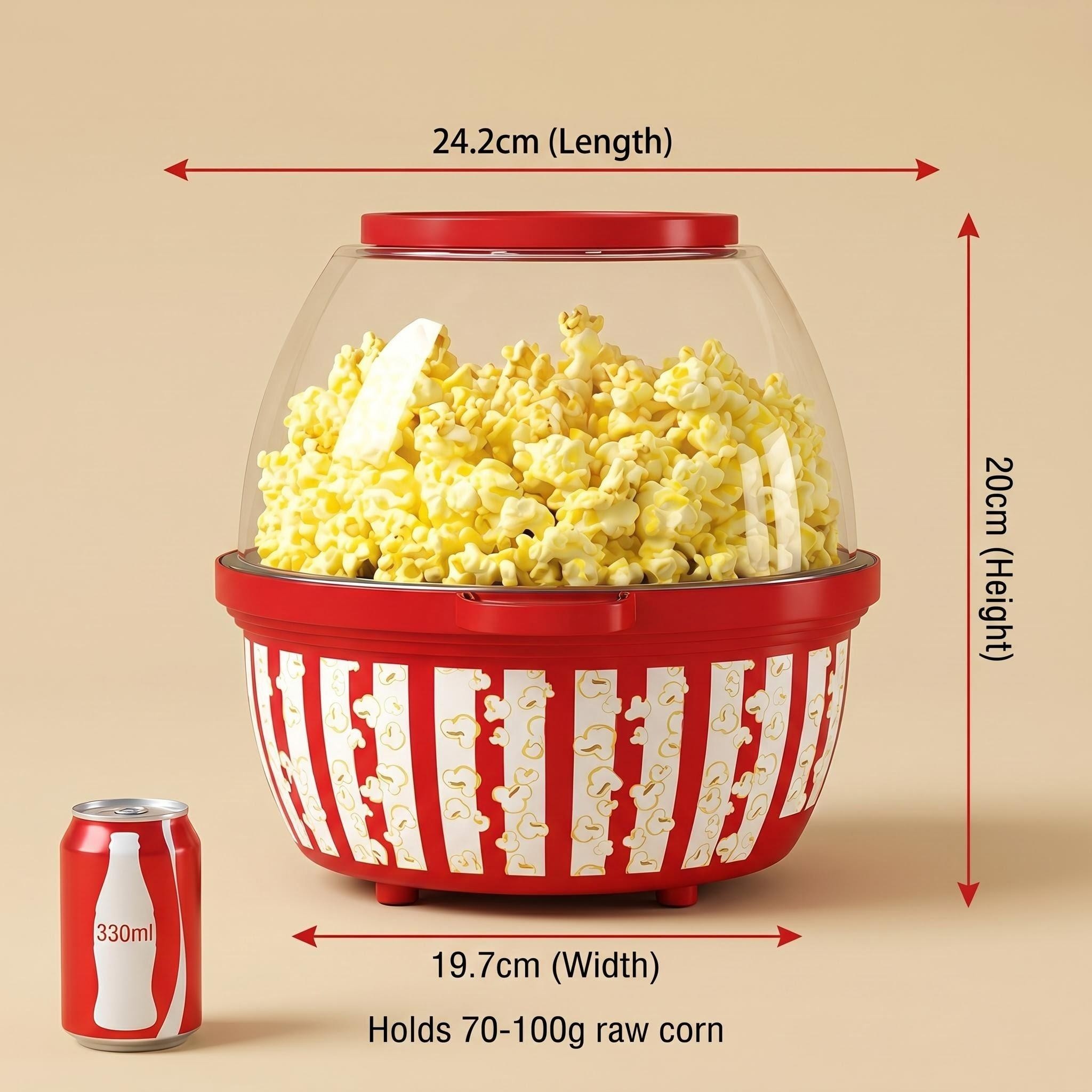 Infographic showing the compact dimensions of the red popcorn maker: 34.5cm width, 22.5cm height, and 29cm depth. An A4 paper reference (21cm x 29.7cm) is placed alongside to show its relative size. Text: 'Compact Size Fits Any Corner.