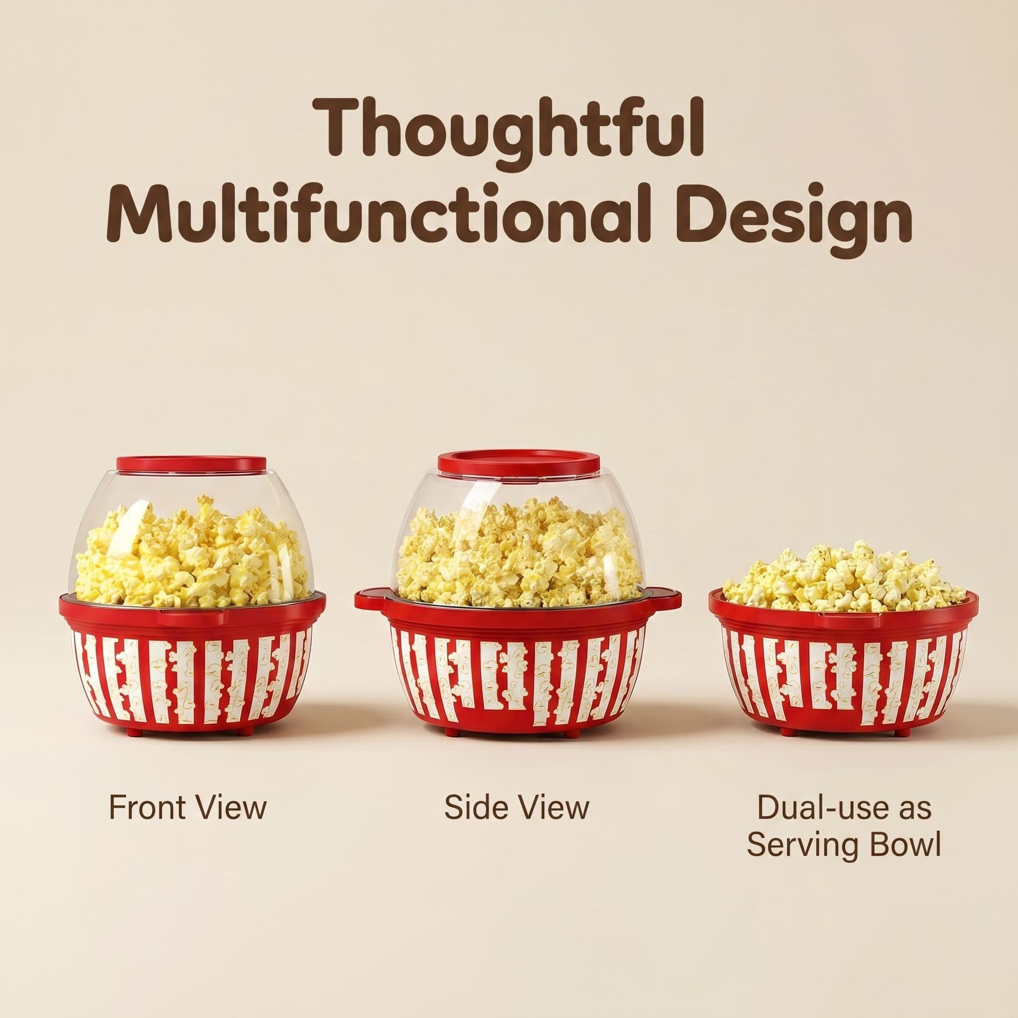 Kernee popcorn maker product infographic showcasing the front view, side view, and its unique dual-use feature as a serving bowl.