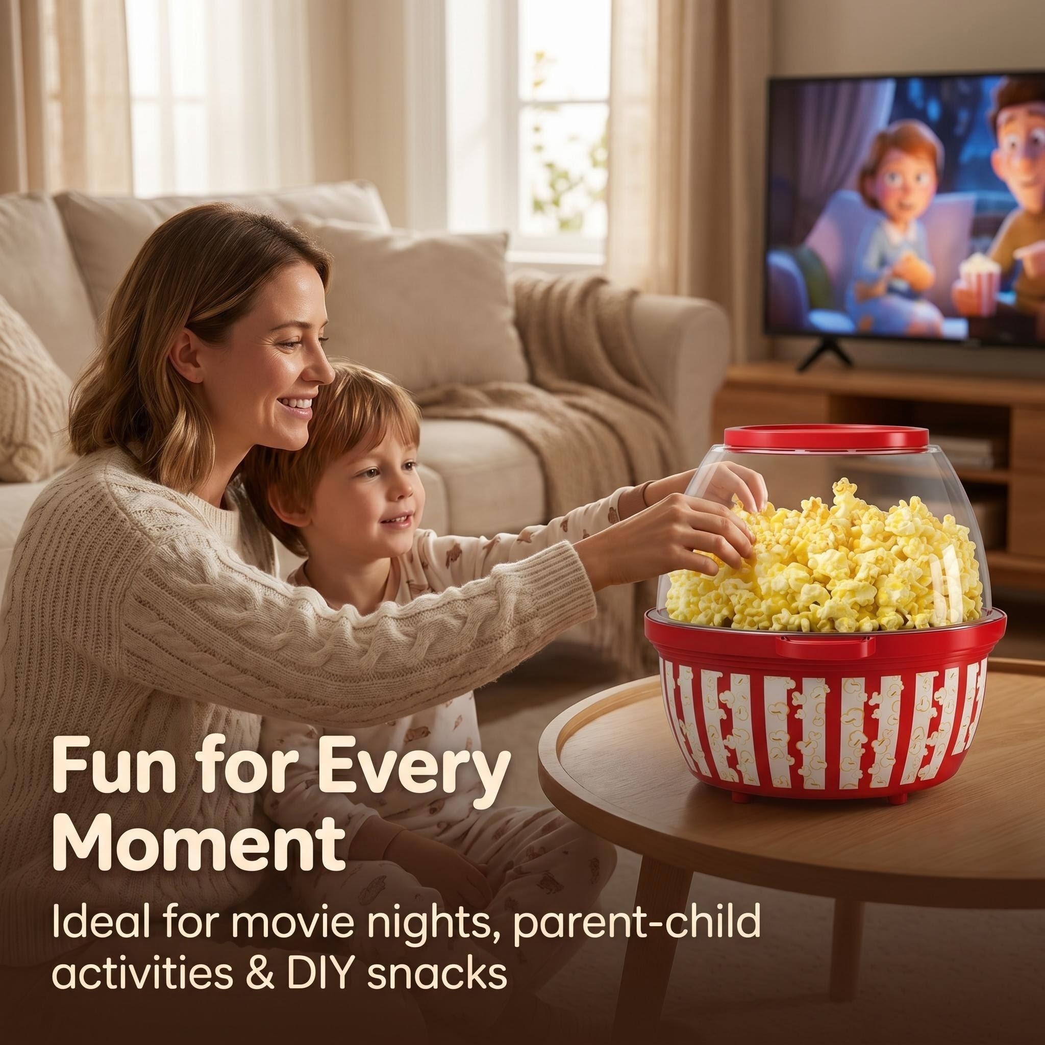 Kernee popcorn maker lifestyle image: A mother and son enjoying a movie night together while preparing fresh popcorn in a cozy living room.