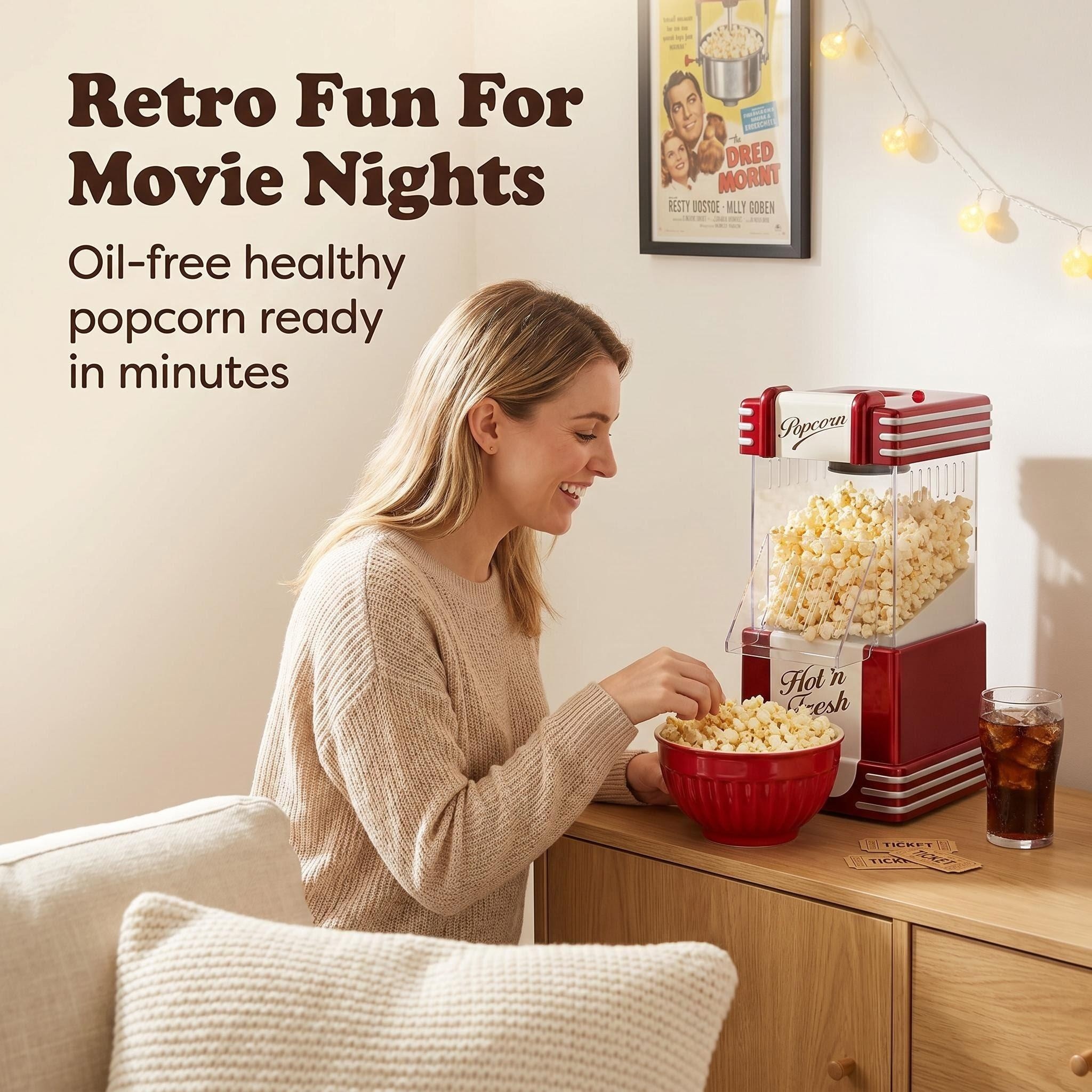 A woman enjoying fresh popcorn in a cozy living room with a red Kernee retro popcorn maker, capturing a perfect home movie night scene.