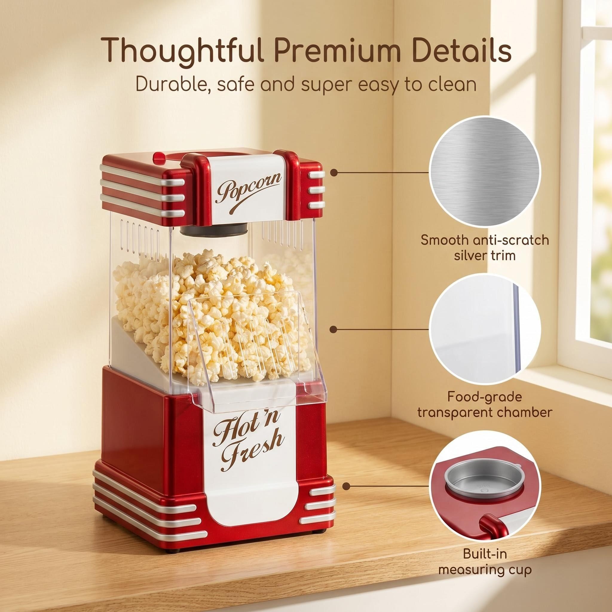 Close-up details of the Kernee retro popcorn maker highlighting its silver trim, food-grade chamber, and built-in measuring cup.