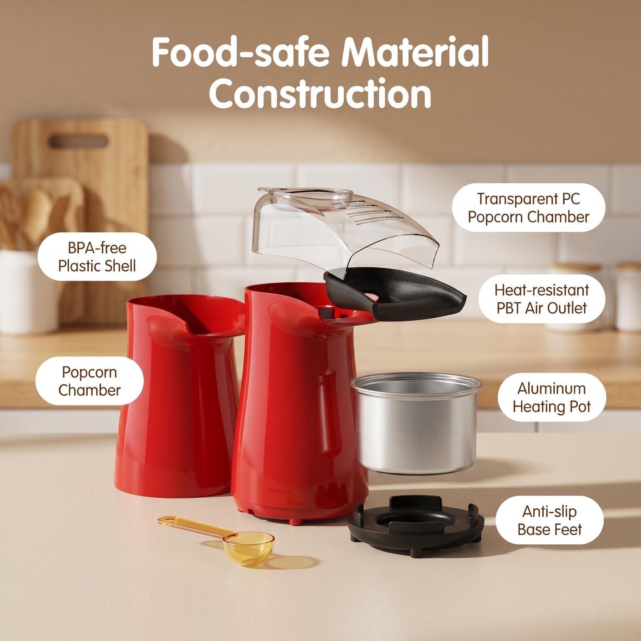 Exploded view of the Kernee popcorn maker's components, showcasing the BPA-free shell, aluminum heating pot, and heat-resistant air outlet.