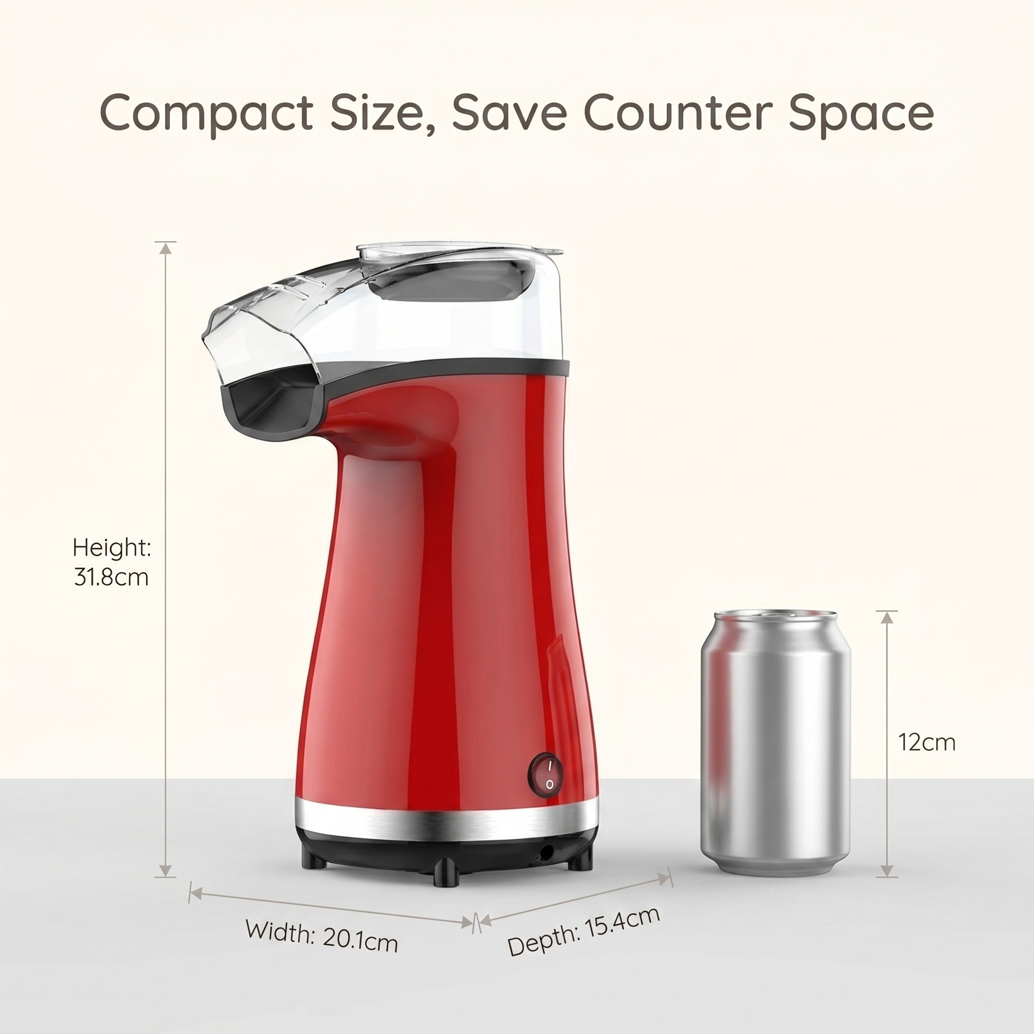 Infographic showing the compact dimensions of the red popcorn maker: 34.5cm width, 22.5cm height, and 29cm depth. An A4 paper reference (21cm x 29.7cm) is placed alongside to show its relative size. Text: 'Compact Size Fits Any Corner.