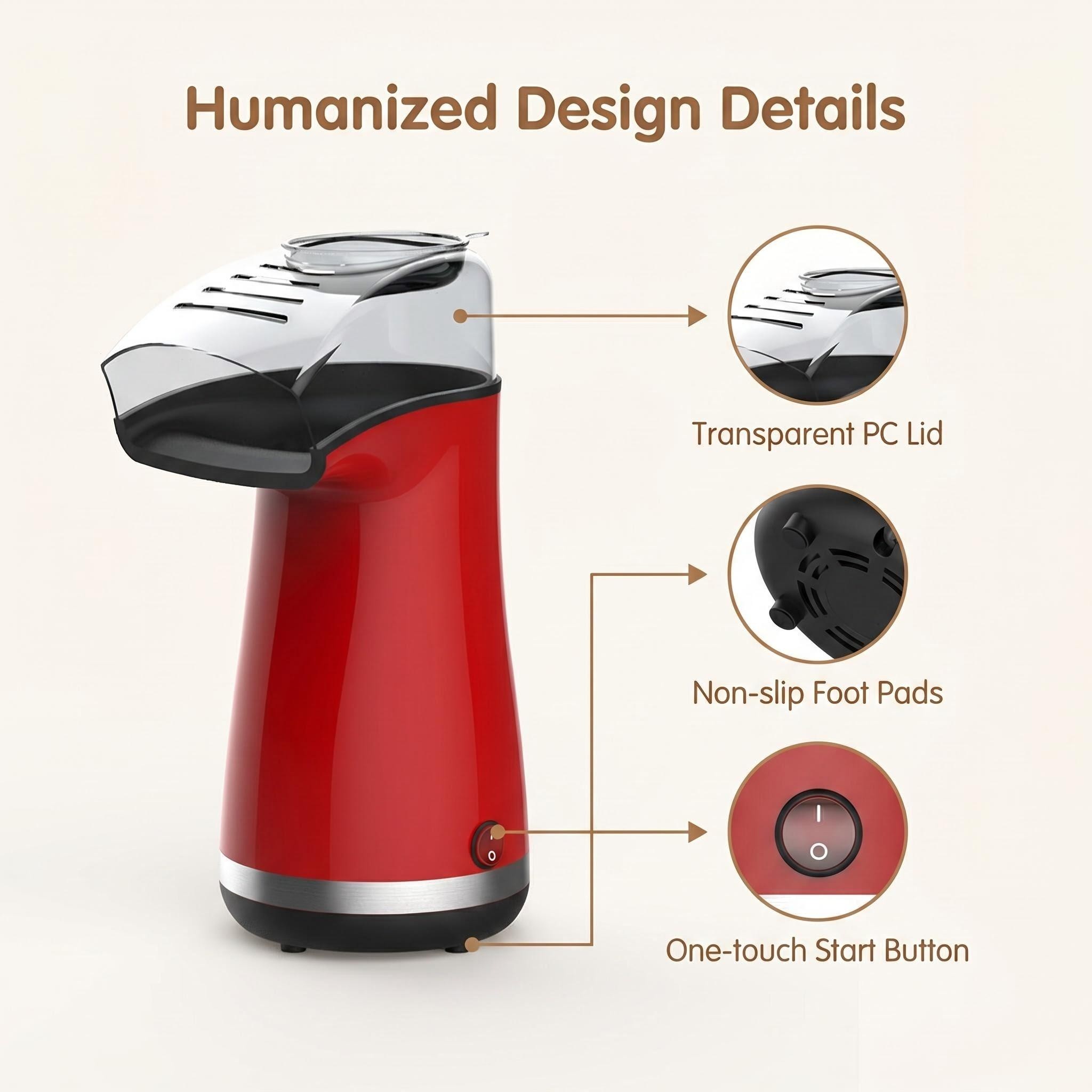 Kernee red popcorn maker infographic highlighting the transparent PC lid, non-slip foot pads, and one-touch start button.