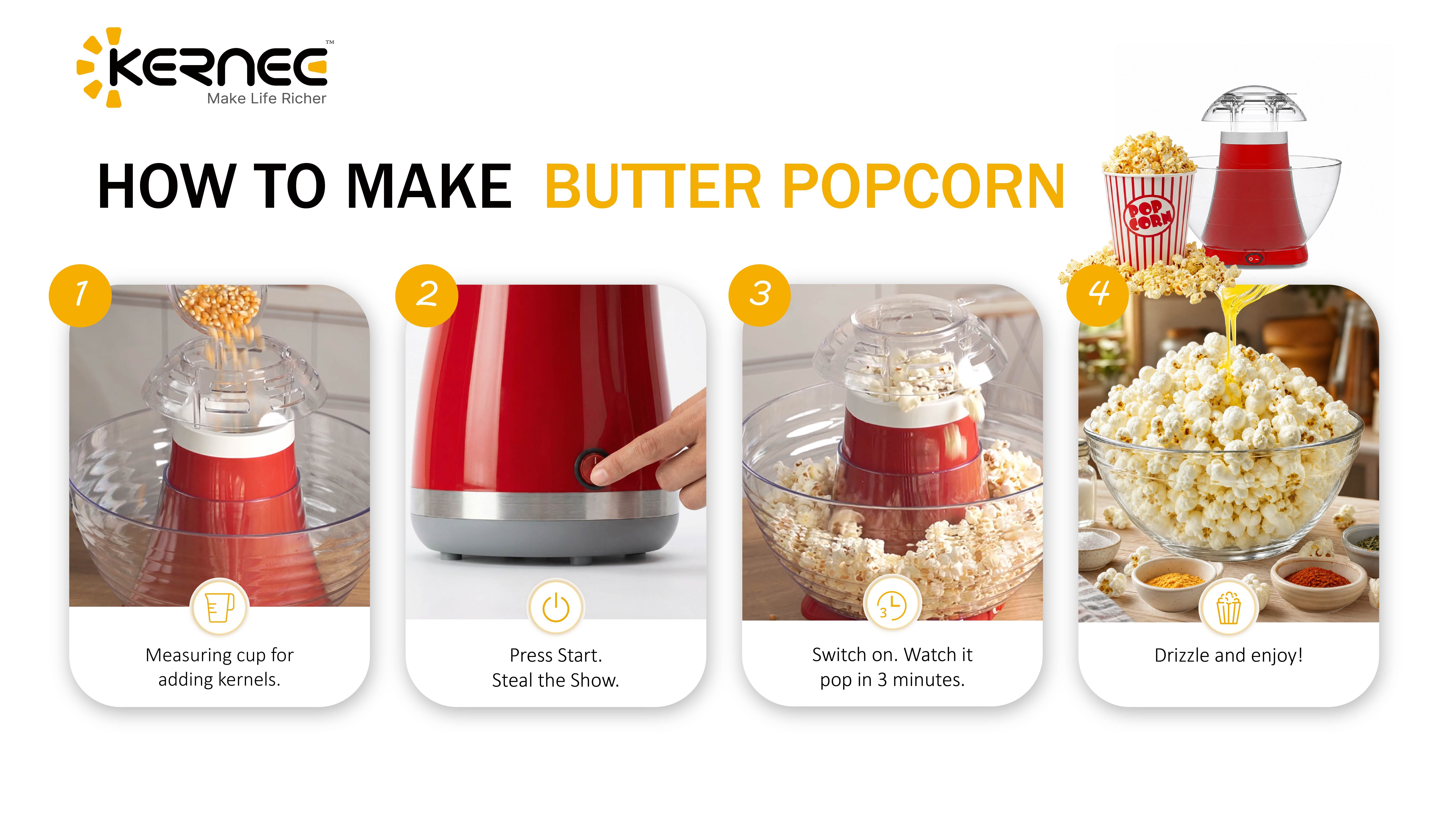 A four-step visual guide showing "How to Make Butter Popcorn" with a red maker: adding kernels, pressing the start button, melting butter in the lid cup during popping, and drizzling finished popcorn.