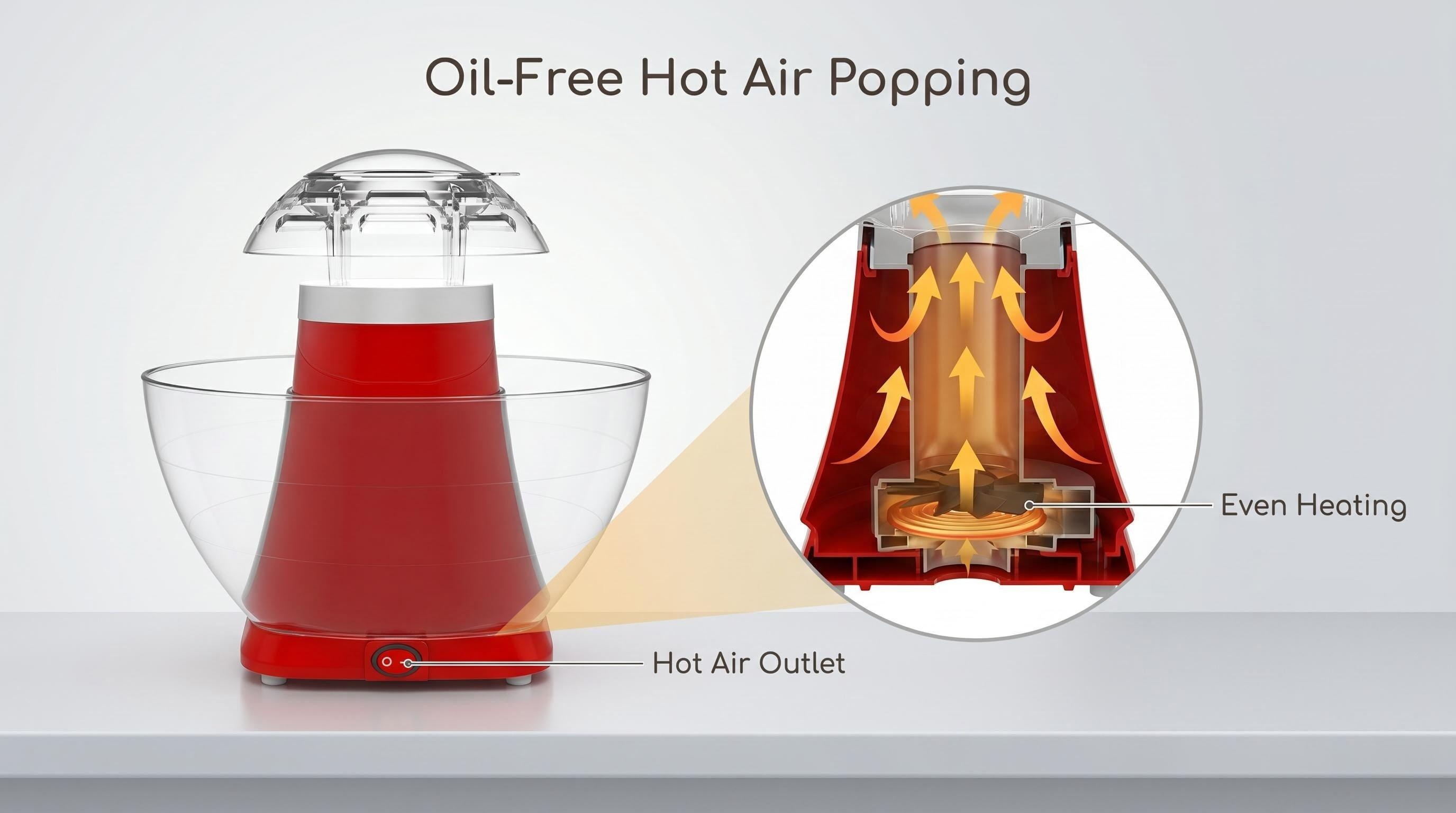 Technical cross-section view of a red modern popcorn maker showing internal hot air flow paths, the "Even Heating" element, and the "Hot Air Outlet".