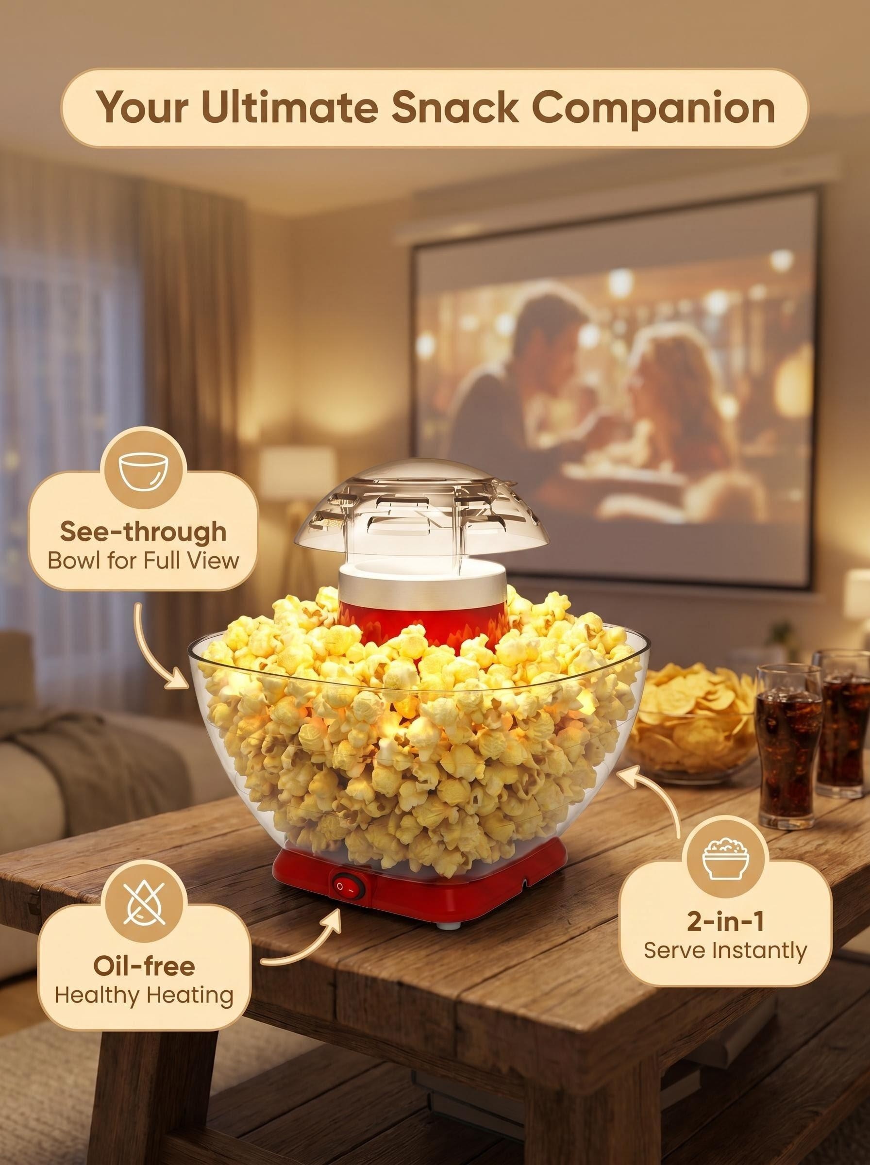 A transparent bowl popcorn maker filled with fresh popcorn in a home theater setting, highlighting oil-free heating and 2-in-1 serving functionality.