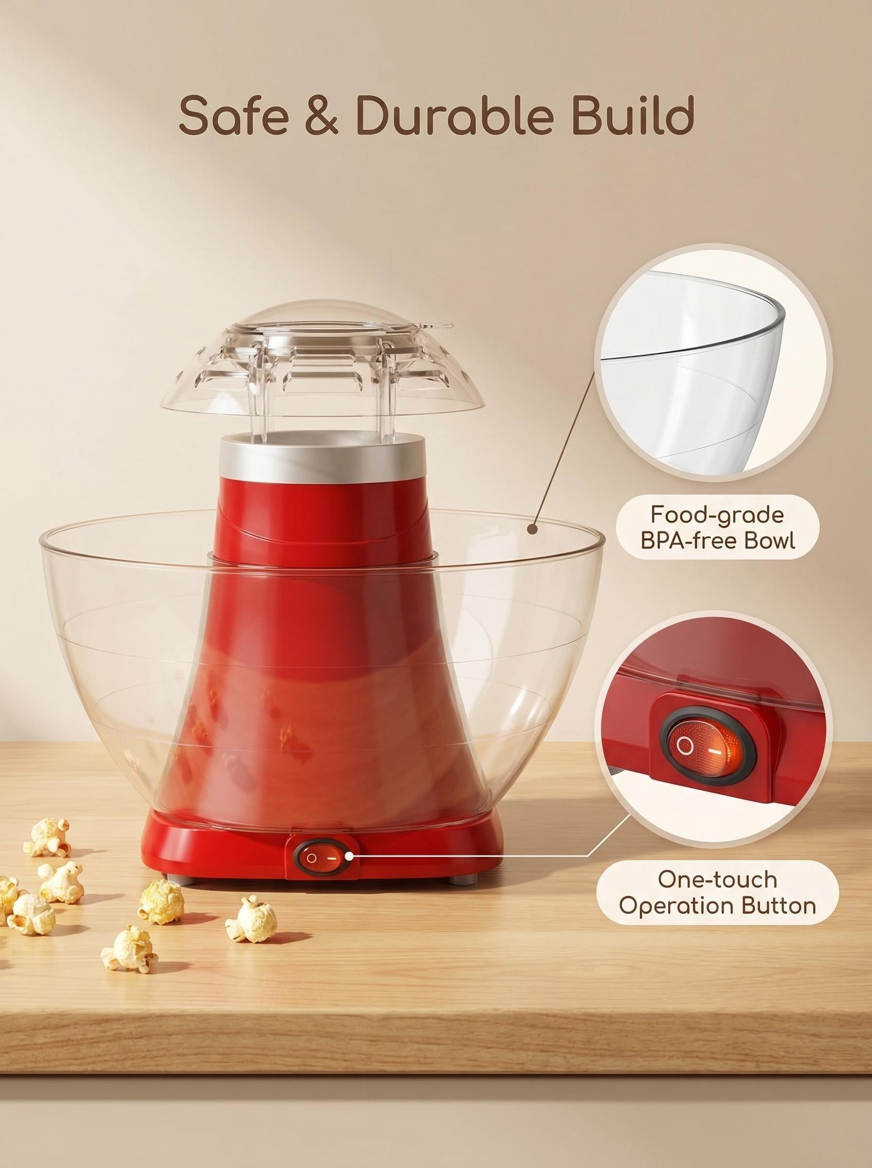 Red modern minimalist popcorn maker featuring a food-grade BPA-free bowl and a one-touch operation button.