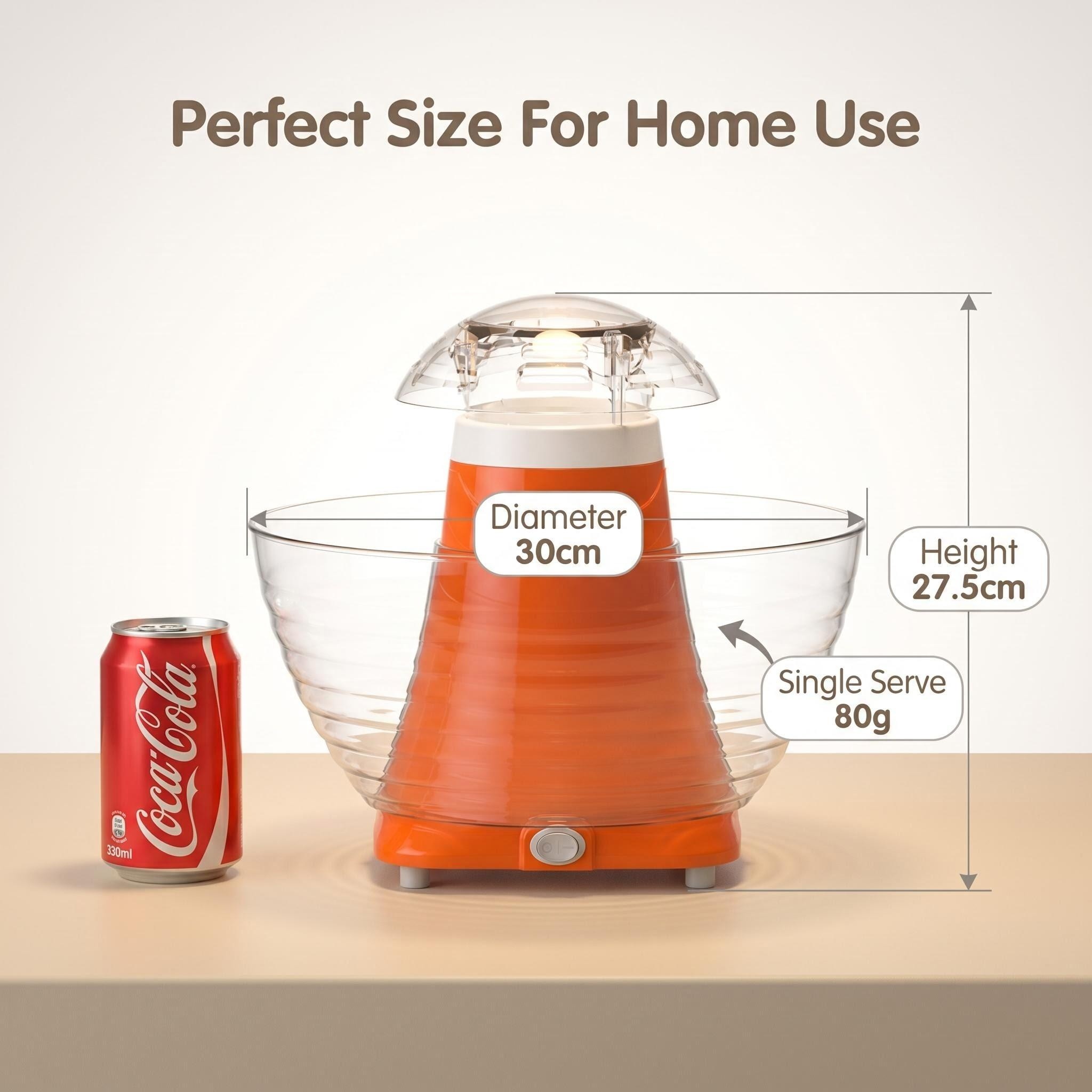 A size comparison image of the mint green popcorn maker next to an A4 paper, illustrating its compact 18x18x30cm footprint.