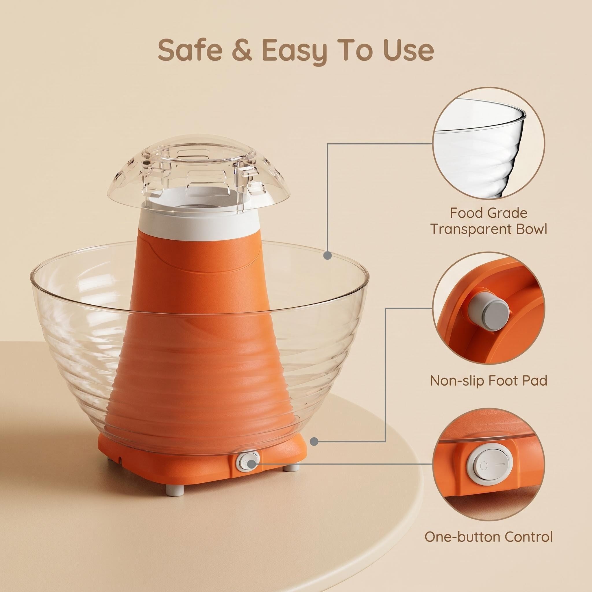 Kernee popcorn maker safety features infographic showing the food-grade transparent bowl, non-slip foot pads, and one-button control.
