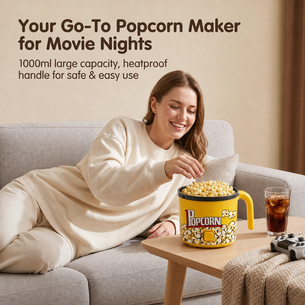 A woman relaxing on a sofa enjoying fresh popcorn from a 1000ml yellow stirring popcorn maker in a cozy home theater setting.