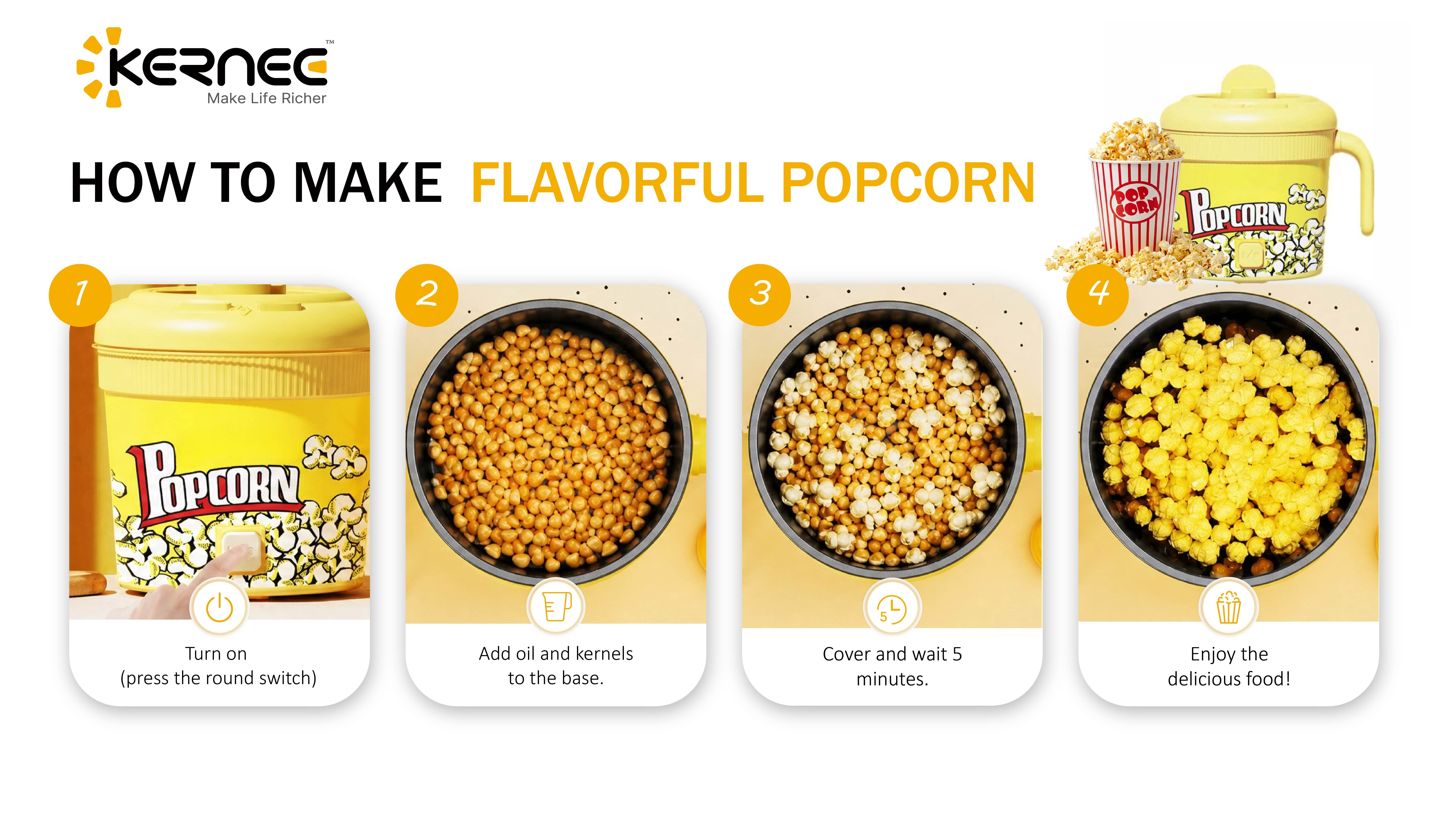 A four-step visual guide showing "How to Make Butter Popcorn" with a red maker: adding kernels, pressing the start button, melting butter in the lid cup during popping, and drizzling finished popcorn.