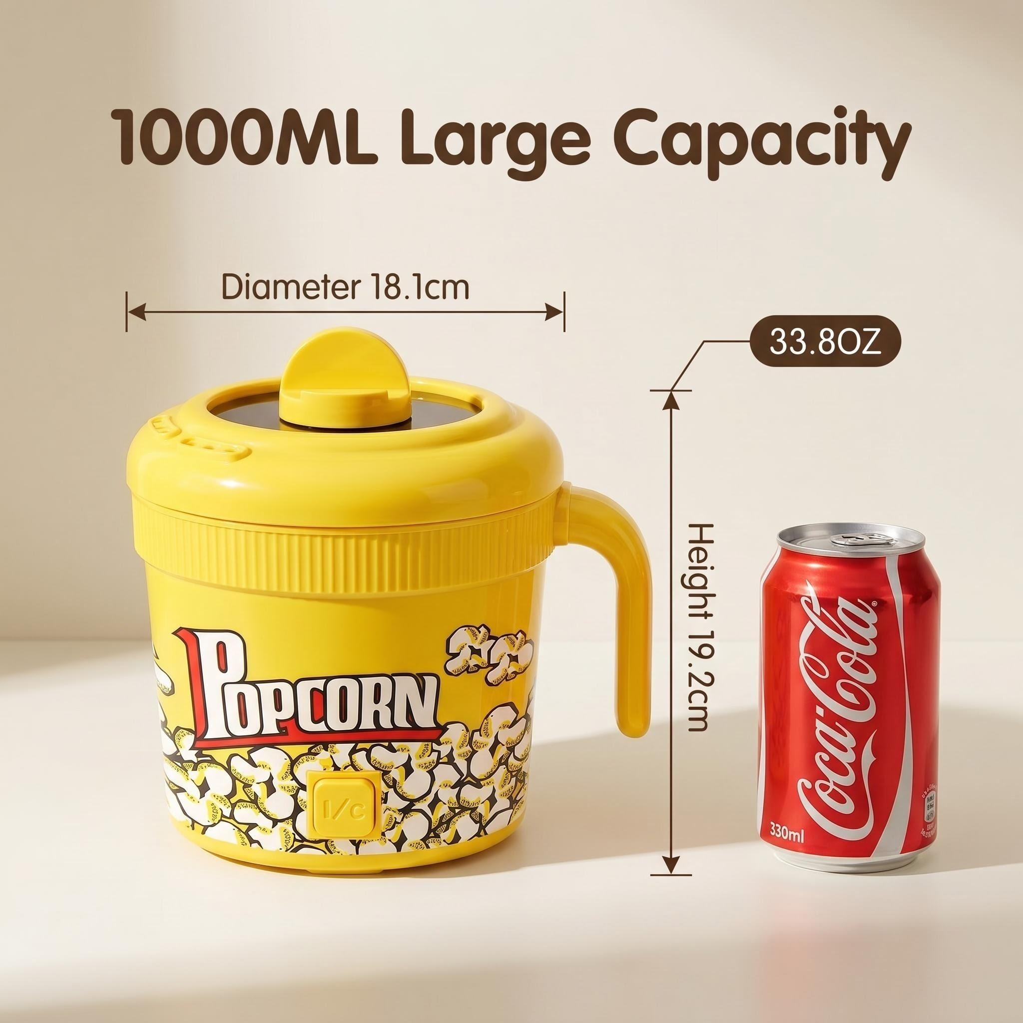 A size comparison image of the mint green popcorn maker next to an A4 paper, illustrating its compact 18x18x30cm footprint.