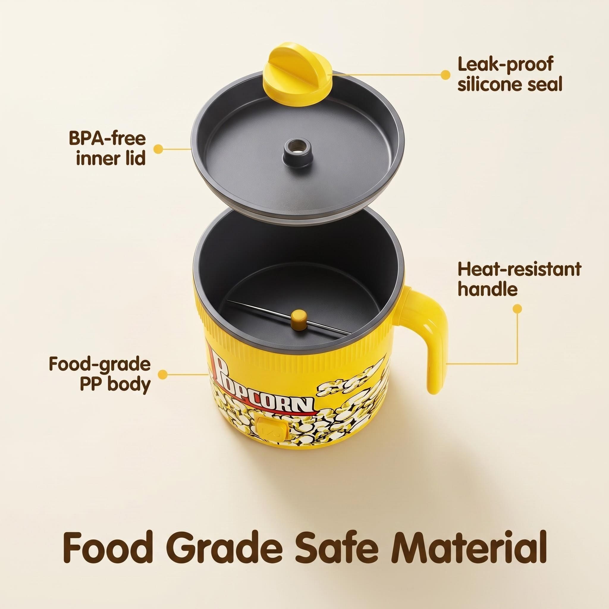 Exploded view of a yellow stirring popcorn maker showing the BPA-free lid, silicone seal, food-grade PP body, and heat-resistant handle.
