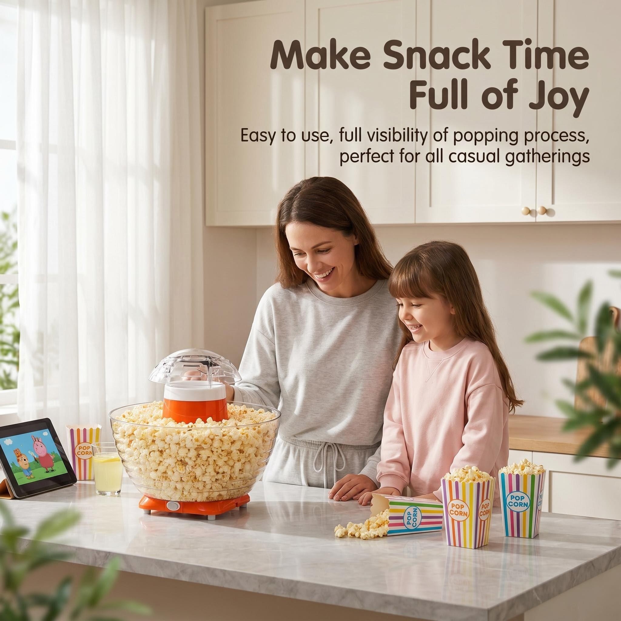 Kernee popcorn maker lifestyle image: A mother and daughter joyfully watching the popping process in a bright kitchen, capturing a warm family sharing moment.