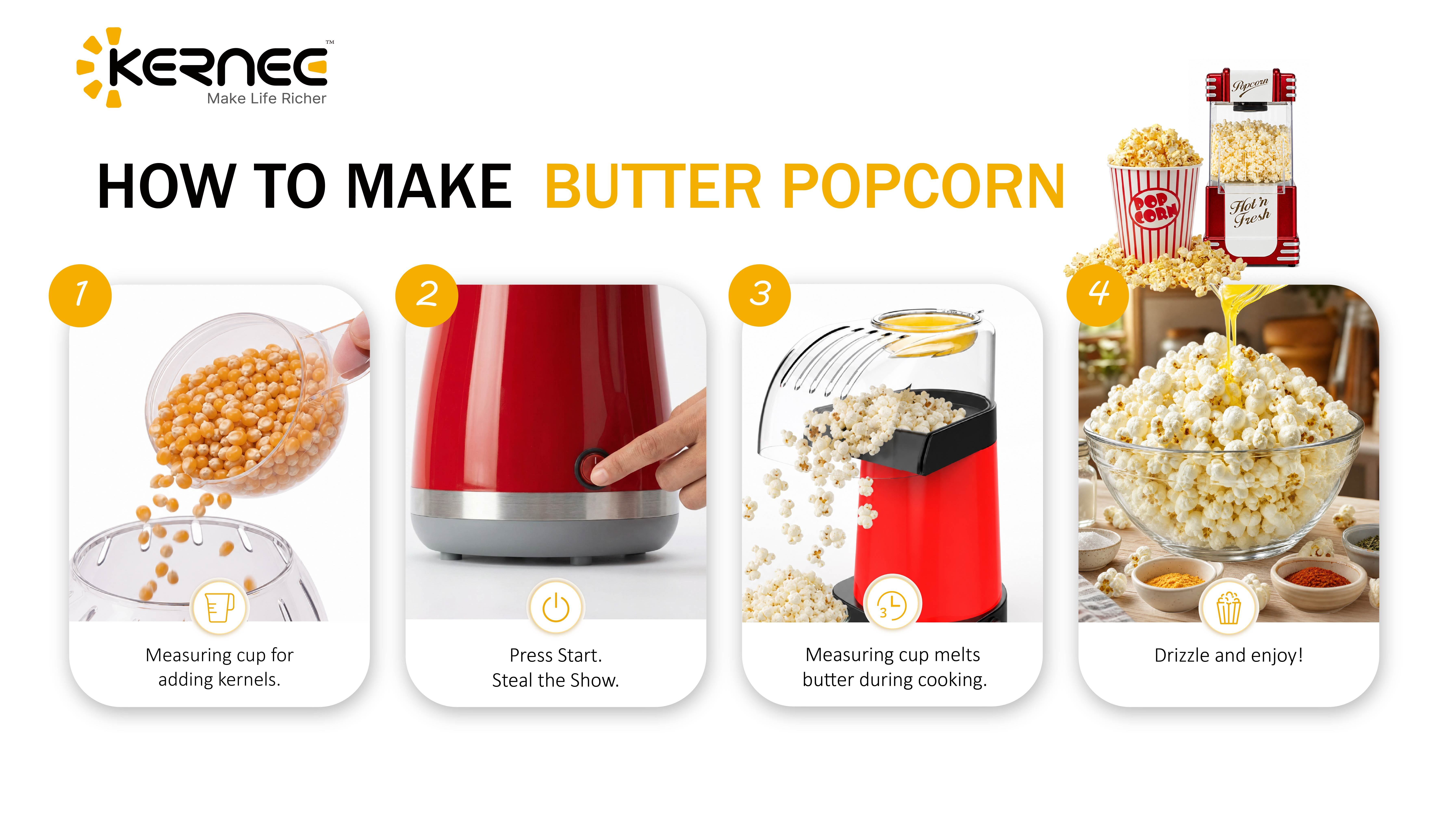 A four-step visual guide showing "How to Make Butter Popcorn" with a red maker: adding kernels, pressing the start button, melting butter in the lid cup during popping, and drizzling finished popcorn.