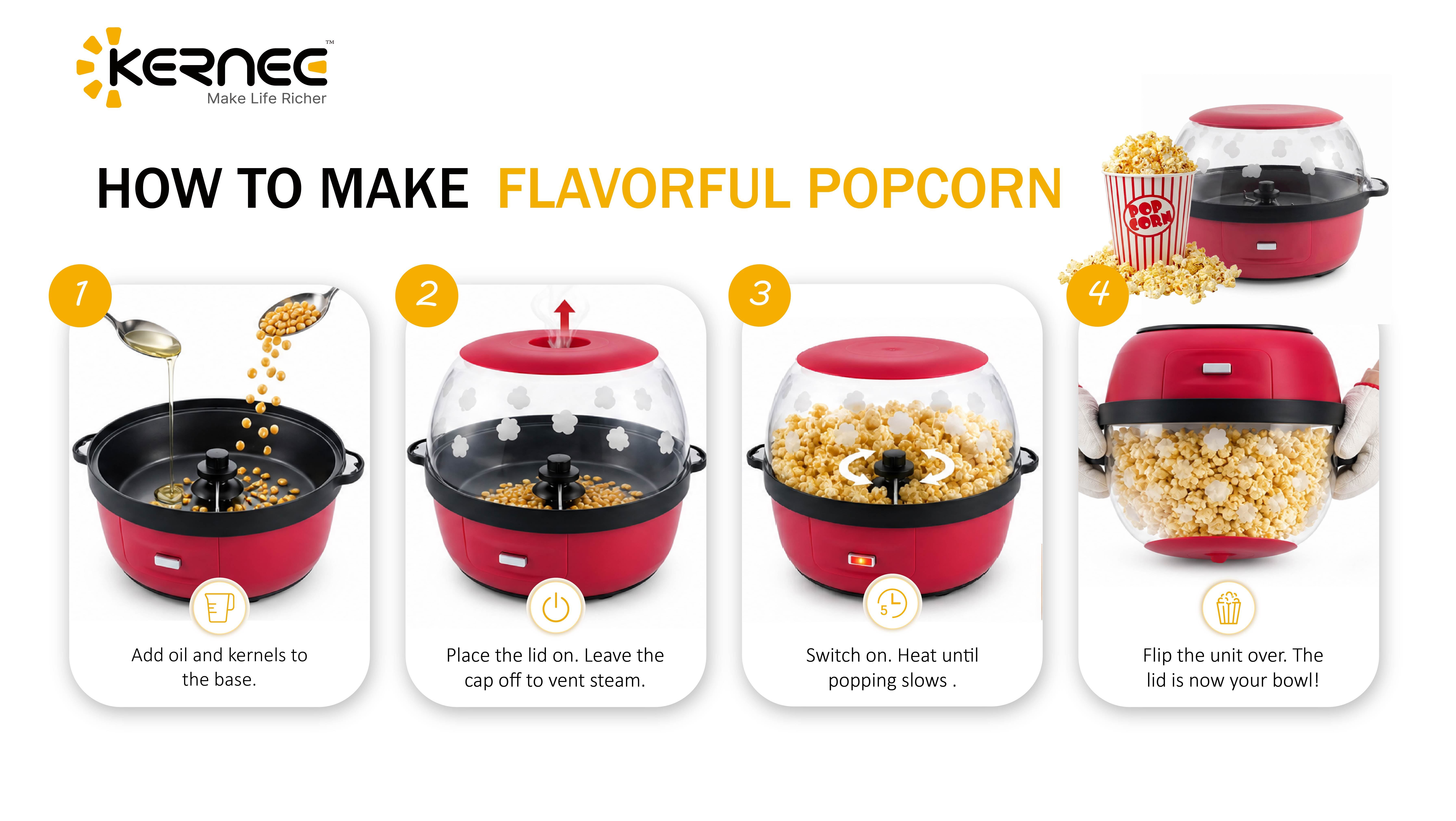 A four-step visual guide showing "How to Make Butter Popcorn" with a red maker: adding kernels, pressing the start button, melting butter in the lid cup during popping, and drizzling finished popcorn.