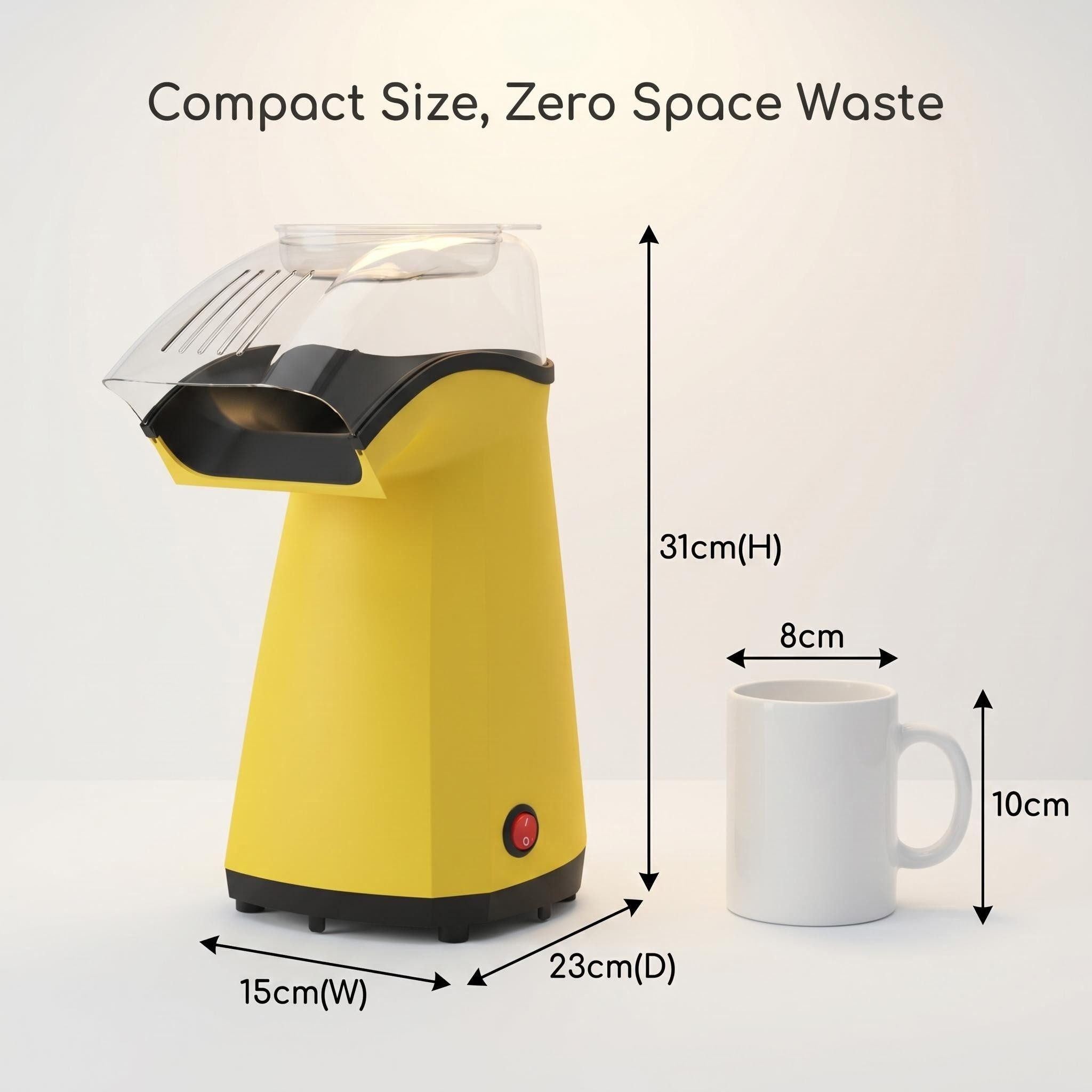 Kernee yellow popcorn maker dimensions: 31cm(H) x 15cm(W) x 23cm(D), shown with a 10cm mug for size reference.