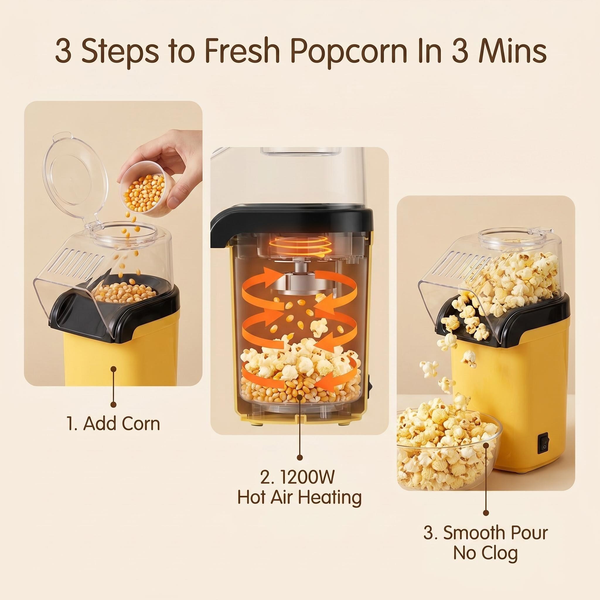 Kernee yellow popcorn maker image_af1bb6.jpg infographic: demonstrating 1200W hot air heating technology and simple 3-step operation.