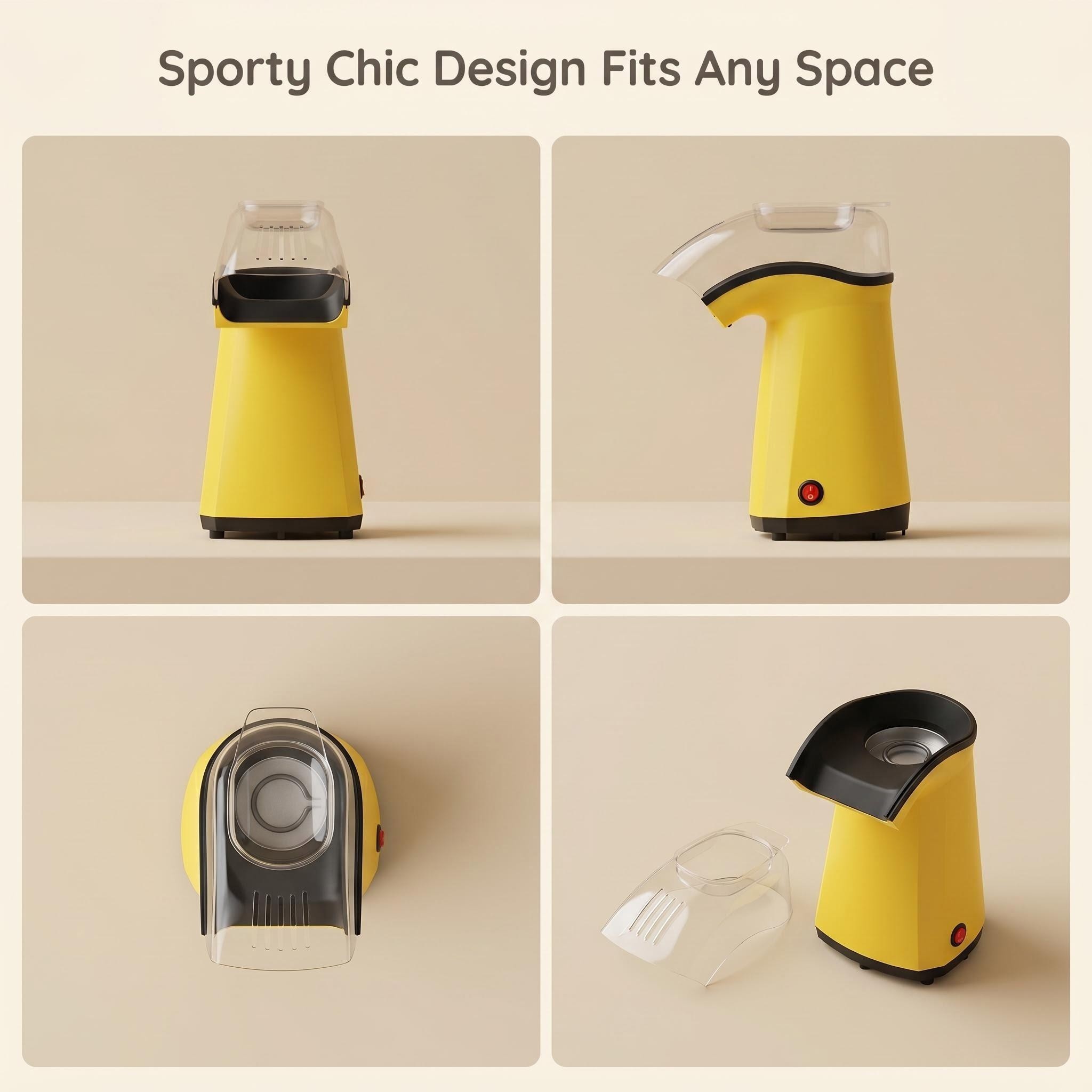 Multi-angle views of the Kernee yellow popcorn maker image_af1bb6.jpg: showcasing the front, side, top, and disassembled components.