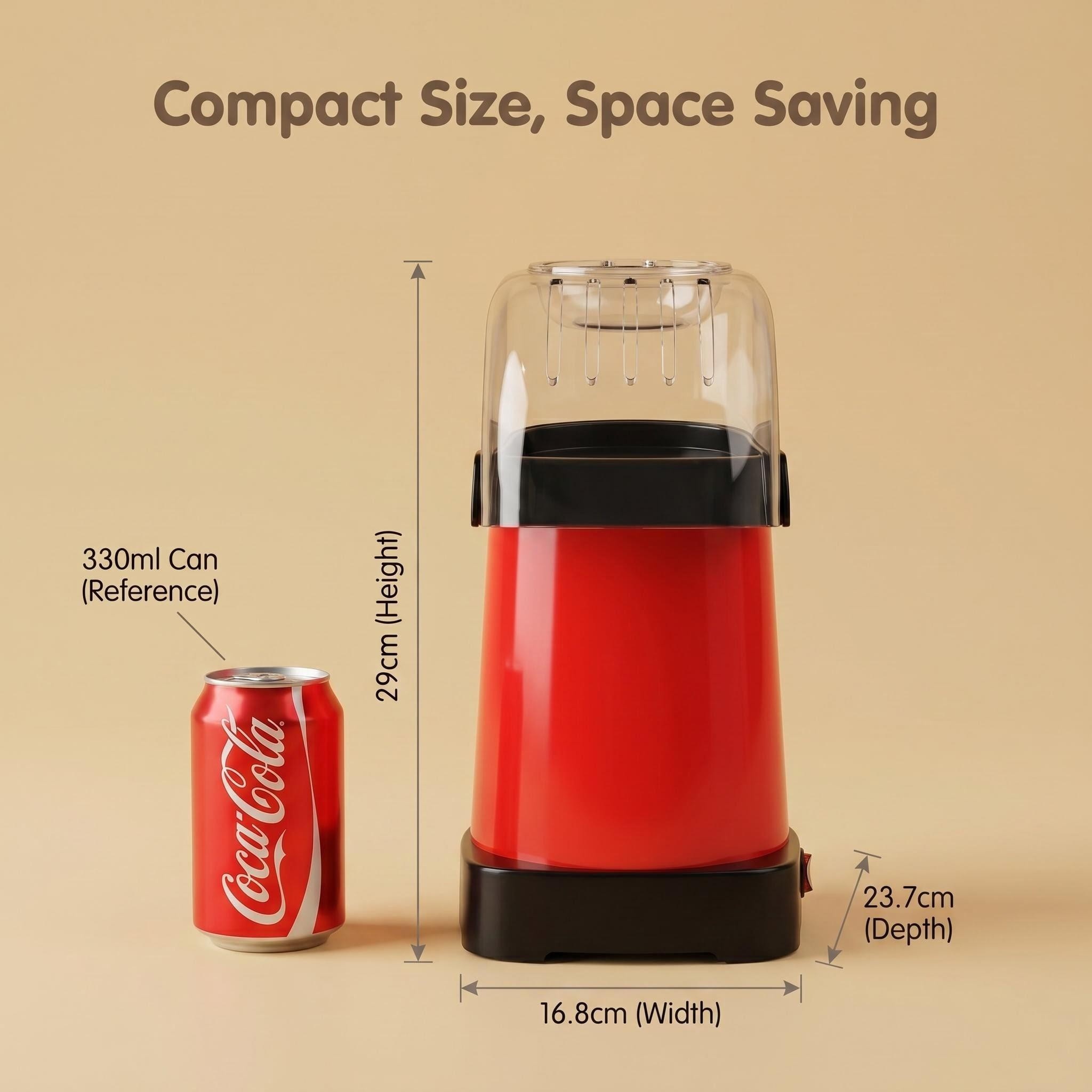 Kernee red popcorn maker dimensions: 29cm(H) x 16.8cm(W) x 23.7cm(D), featuring a 330ml soda can for size comparison.